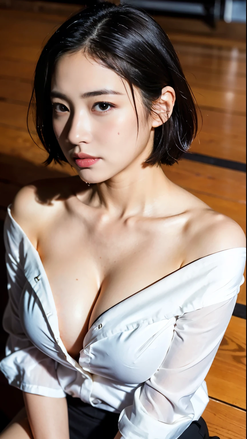 (highest quality, 8K, 32k, masterpiece, UHD:1.2),Photos of beautiful Japanese women, 22 years ago,cleavage、medium meat、sexy thighs、,(black,short hair:1.2),teacher,classroom,(open white shirt:1.3),(black suit skirt:1.1),off shoulder,high heels,(From above:1.1),looking at the viewer,floor to sit on,wooden floor,(Huge on face and chest:1.4),(drooling:1.5),blush,(close:1.2),detailed face,evening