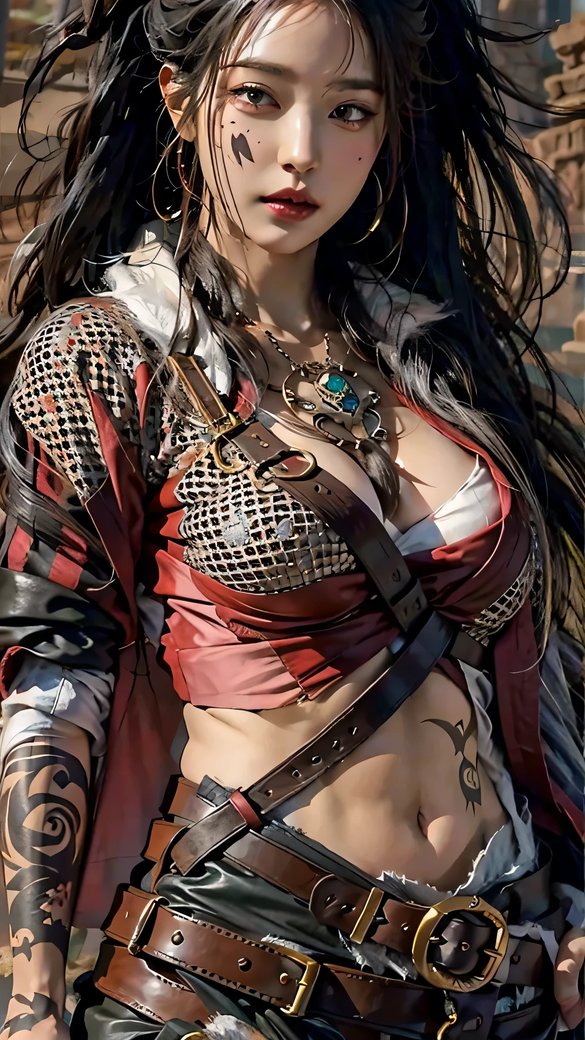 photorealistic, high resolution, soft light,1women, solo, hips up, (detailed face), jewelry, tattoo,black pirates clothing, black hair, super long hair, looking viewers, tatto, messy hair, close up, small breast, adult, holding pirates sword