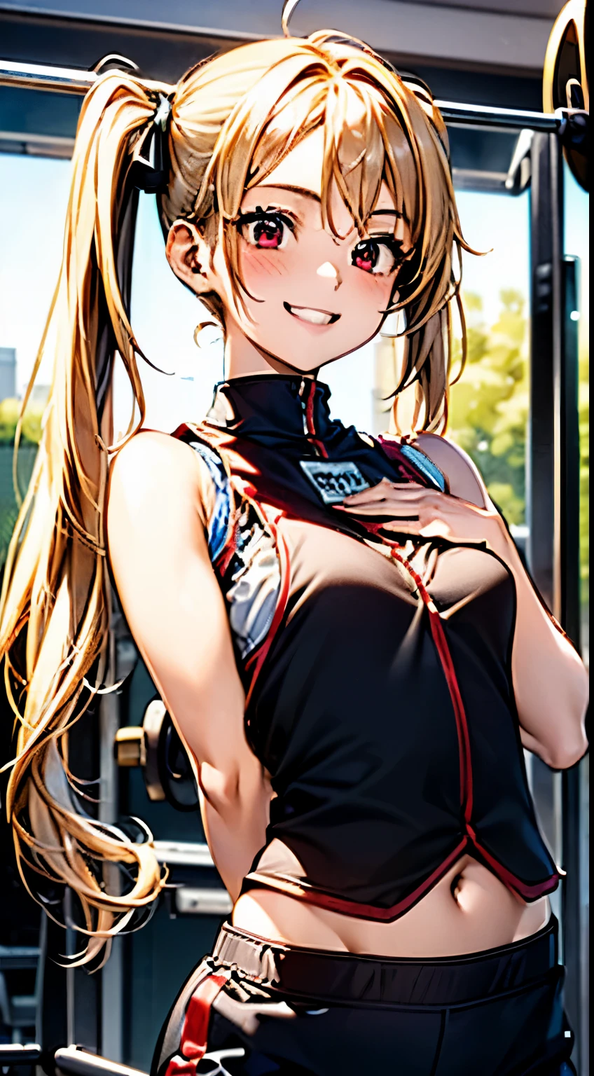 最high quality、best image quality、masterpiece、with a girl((18-year-old, port well, sports pants、vest bust、bust 90、blonde twintails、red eyes、Open your chest wide, thin、smile,fitness, Using the Smith Machine:1.6)), high quality、beautiful art、With background((Sports club))、table top、elaborate design、visual art、