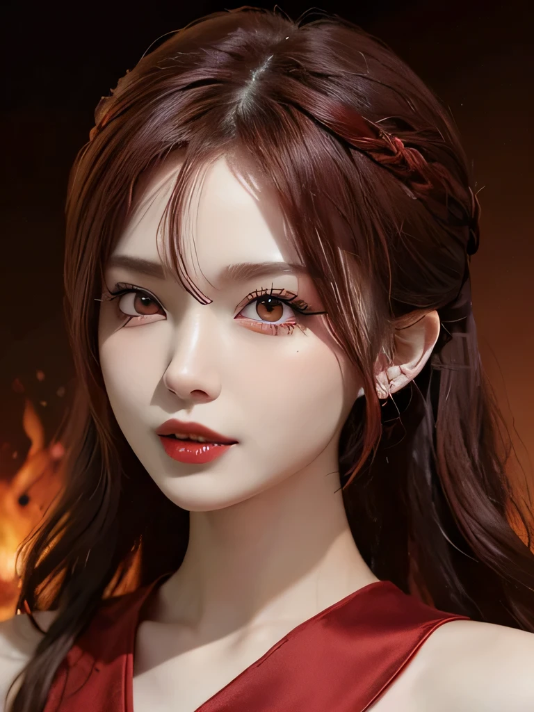 (in the dark:1.6), 1 girl, in the dark, deep shadow, secret key,cowboy shot,(formal wear:1.4) ,long wavy hair,redhead,clavicle、flame background、redhead、red background、red spirit clothes、earrings、necklace、red tattoo、red eyes、she is a spirit、close up of face、red eyes、close up of face、red eyes、look up、red fairy costume、red headband、red eyes、Braid、bright red lipstick、Fire Devil、red eyes、redhead、red eyes、赤いflame background、bright red eyes、小さなteethが見える、teeth、red eyes、clavicle、red bandana、angerの炎、red cheeks、flame hair、鋭い八重teeth、big fangs、Devil incarnation、anger、sharp fangs、