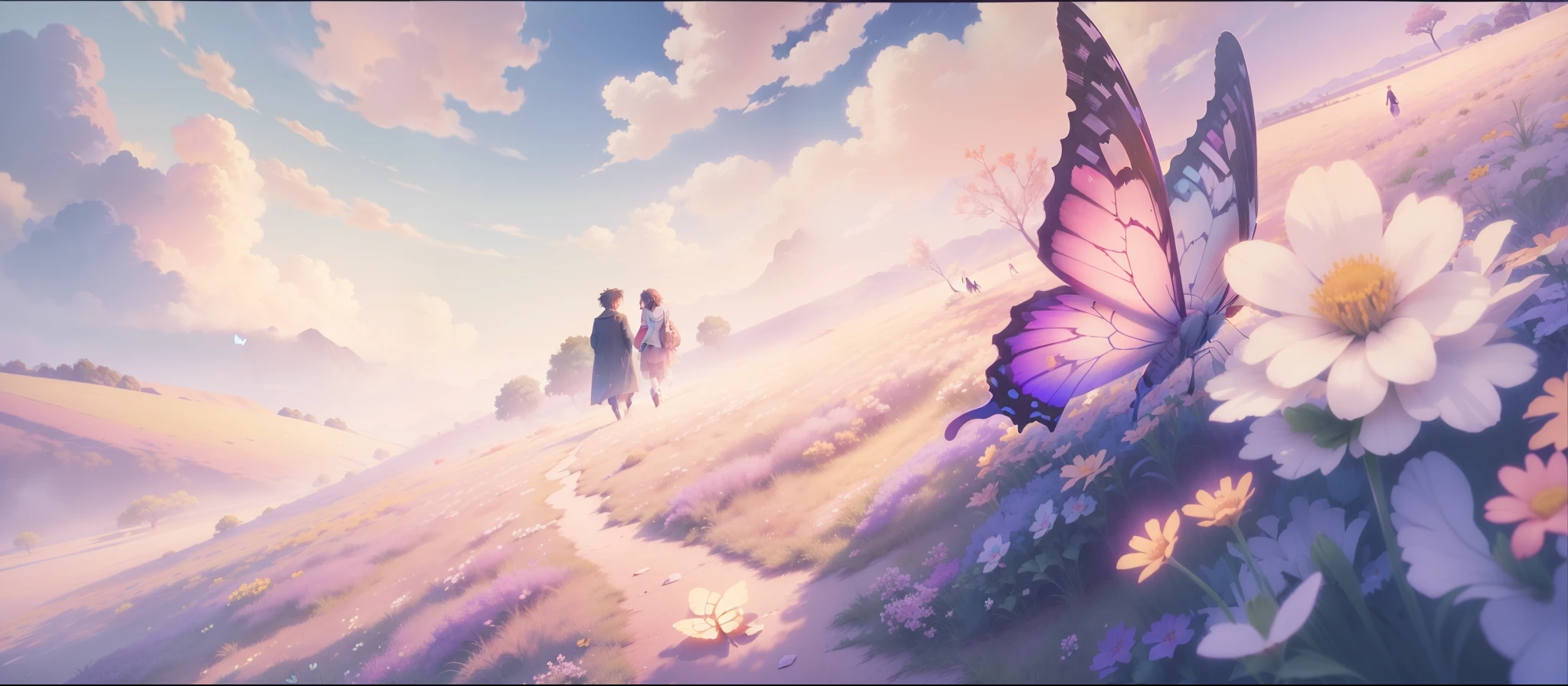 painting of a couple walking in a field with a butterfly, beautiful anime scene, anime beautiful peace scene, beautiful anime scenery, anime background art, screenshot from the anime film, colorful anime movie background, anime film still, the most beautiful scene, today's featured anime still, anime landscape, beautiful anime artwork, anime movie background, anime scenery, anime landscape wallpaper