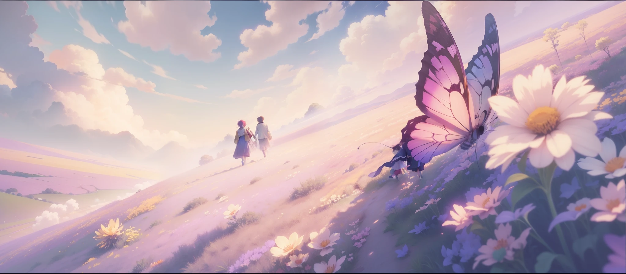 painting of a couple walking in a field with a butterfly, beautiful anime scene, anime beautiful peace scene, beautiful anime scenery, anime background art, screenshot from the anime film, colorful anime movie background, anime film still, the most beautiful scene, today's featured anime still, anime landscape, beautiful anime artwork, anime movie background, anime scenery, anime landscape wallpaper