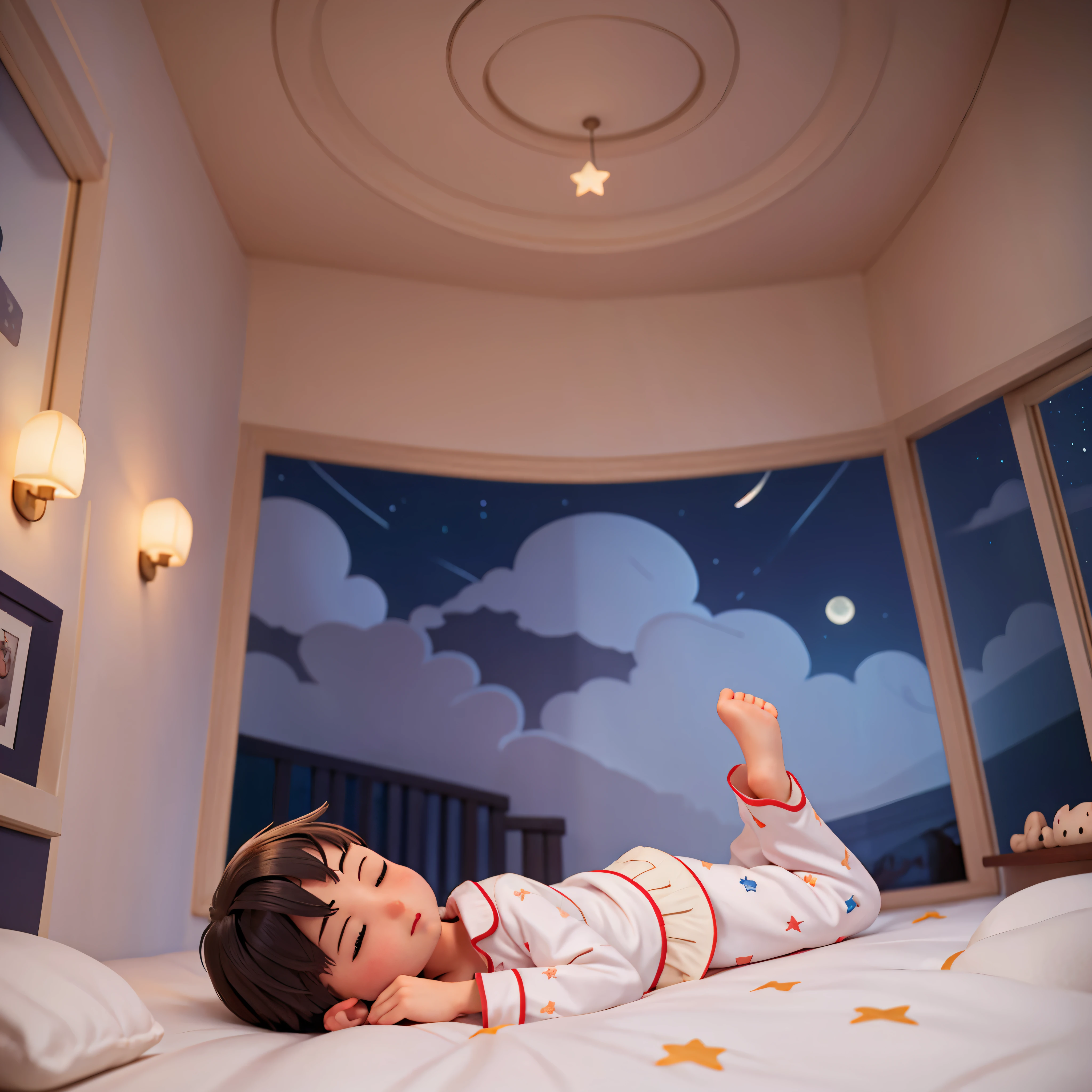Best quality, masterpiece, super high resolution, surrealism, room, empty bed with a sleeping baby on the bed