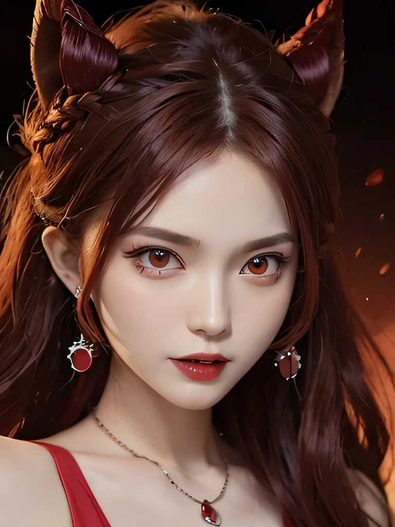 (in the dark:1.6), 1 girl, in the dark, deep shadow, secret key,cowboy shot,(formal wear:1.4) ,long wavy hair,redhead,clavicle、flame background、redhead、red background、red spirit clothes、earrings、necklace、red tattoo、red eyes、she is a spirit、close up of face、red eyes、close up of face、red eyes、look up、red fairy costume、red headband、red eyes、Braid、bright red lipstick、Fire Devil、red eyes、redhead、red eyes、赤いflame background、bright red eyes、小さなteethが見える、teeth、red eyes、clavicle、red bandana、angerの炎、red cheeks、flame hair、鋭い八重teeth、big fangs、Devil incarnation、anger、sharp fangs、Dracula's Fangs、