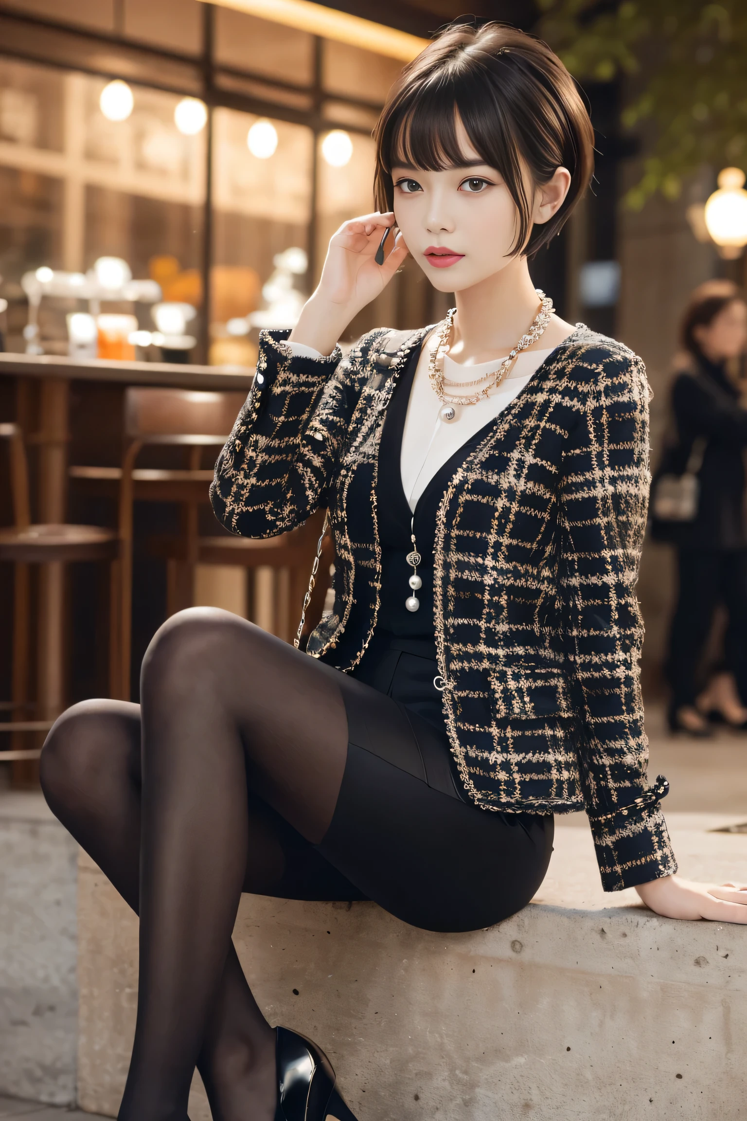  (thin:1.2), because I&#39;thin, small breasts, woman, ((black pixie cut:1.2)), (dull bangs), inspired by chanel、Consider classic and elegant outfits。beginning、Choose a chic tweed jacket。In addition、wearing a simple white blouse、Add a pearl necklace to your neck to add femininity.。Pair it with a tweed skirt or pants、Complete your elegant ensemble。my legs are、It is best to choose black pumps or high-heeled boots.。lastly、Those who have a classic chain strap bag or a simple clutch bag、create chanel&#39;chic and sophisticated style。night view,Cinematic art