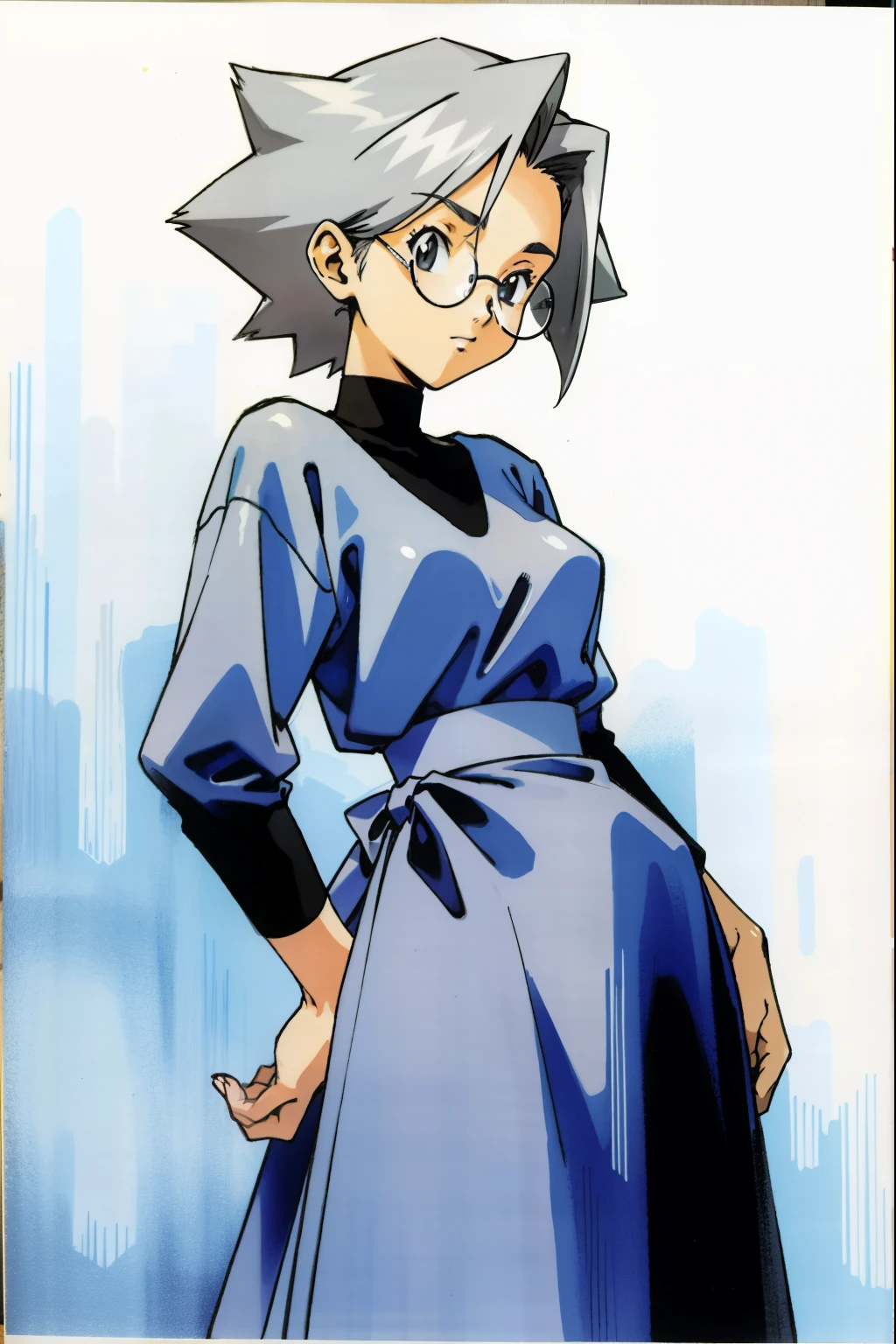 by Ken Sugimori, sugimori 1990s, ((only 1woman)), older woman, grey hair, plump, glasses, exquisite dress, wise, ((hands behind their back)), full black pupils, manga, best quality, highly detailed, clean lines, cowboy shot, good hands, good eyes, hd, 8k, professional, symmetrical, hires, 8k,