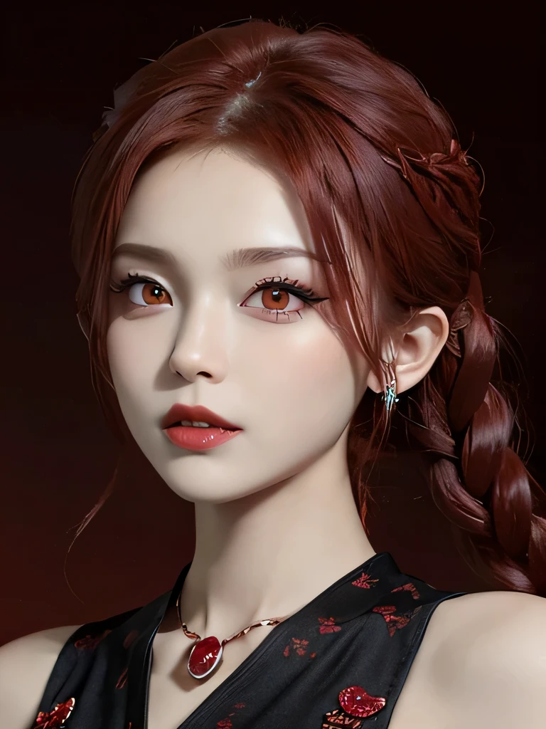 (in the dark:1.6), 1 girl, in the dark, deep shadow, secret key,cowboy shot,(formal wear:1.4) ,long wavy hair,redhead,clavicle、flame background、redhead、red background、red spirit clothes、earrings、necklace、red tattoo、red eyes、she is a spirit、close up of face、red eyes、close up of face、red eyes、look up、red fairy costume、red headband、red eyes、Braid、bright red lipstick、Fire Devil、red eyes、redhead、red eyes、赤いflame background、bright red eyes、小さなteethが見える、teeth、red eyes、clavicle、red bandana、angerの炎、red cheeks、flame hair、鋭い八重teeth、big fangs、Devil incarnation、anger、sharp fangs、Dracula's Fangs、