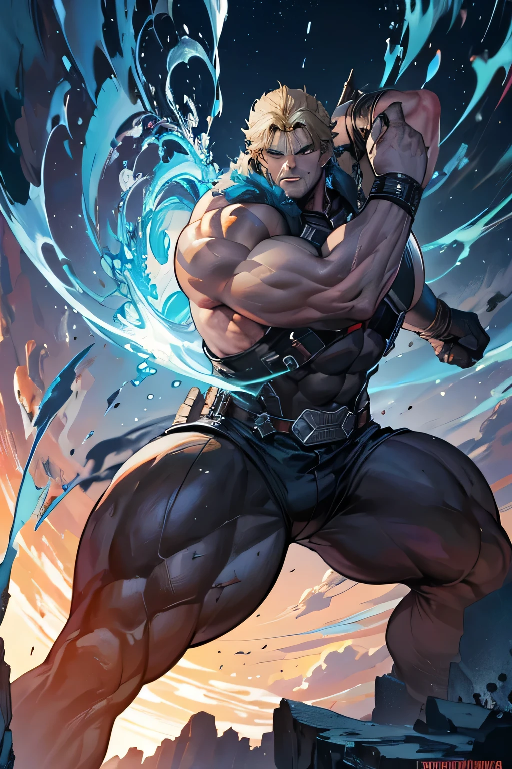 "Imagine um ser humano colossal, with imposing muscles that rival the magnitude of the Hulk, mas adornado com o poder e a majestade do Thor. Descreva essa figura em toda sua grandiosidade e poder, highlighting your physical appearance, vestimenta, weapons and any other details that convey your unique fusion of brute strength and control over the elements."