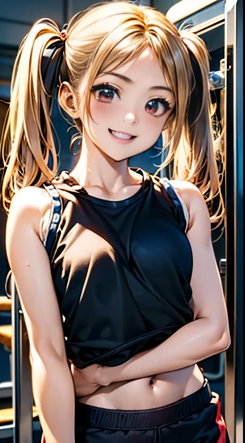 最high quality、best image quality、masterpiece、with a girl((18-year-old, port well, sports pants、vest bust、bust 90、blonde, short twin tails、red eyes、Open your chest wide, thin、smile,fitness, Using the Smith Machine:1.6)), high quality、beautiful art、With background((Sports club))、table top、elaborate design、visual art、