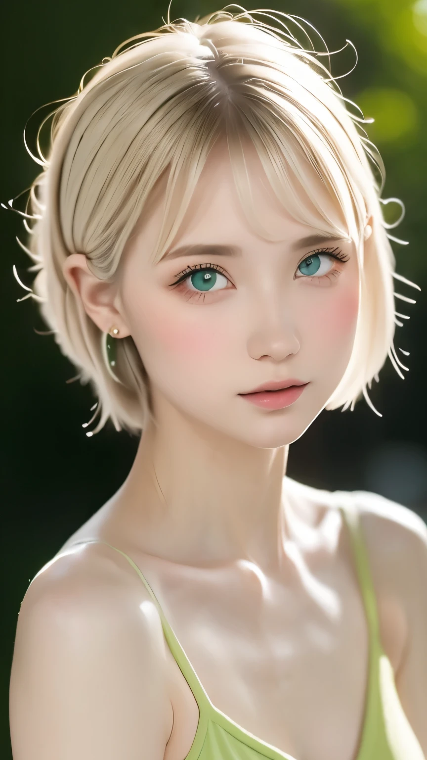 cute 18 year old woman、(((adult charm)))、(((attractive light green eyes)))、natural look、Attractive silver hair、beautiful eyes、(((perfect beauty)))、Silky ash blonde、slender body、attractive breasts、smooth lips、thin eyebrows、straight hair、Attractive and beautiful dresses、Natural light、(((no makeup)))、cute pose、earrings、blurred background、outdoor、(((Expression of complex beauty)))、50MM lens、Photographed by a professional photographer、portrait、pull photo