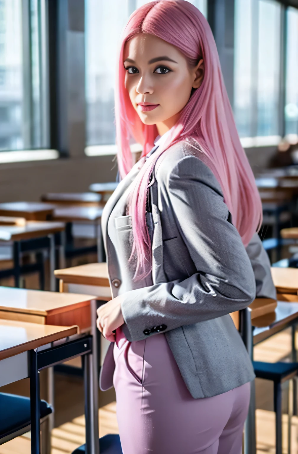arafed woman in pink hair wearing women business suit in grey colour standing in school class, ross tran 8 k, smooth pink skin, alena aenami and artgerm, some pink, 8k high quality detailed art, badass anime 8 k, photorealistic anime girl render, thicc, pink girl, beautiful alluring anime woman, 3 d anime realistic