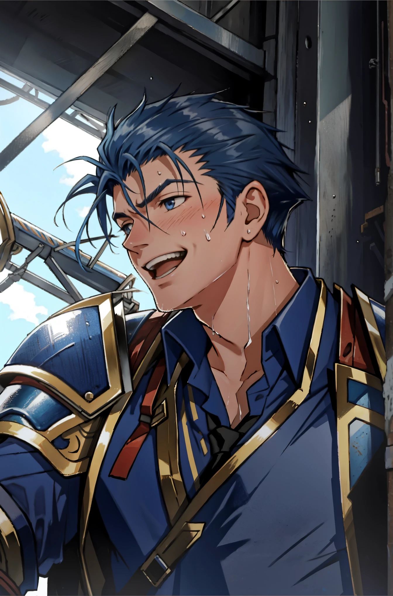 Hector Fay, soloist, looking at the audience, smiling, open mouth, sweat, get wet, wet, Slobber, Gloves, 1 boy, blue hair, male focus, tie, armor, from below,