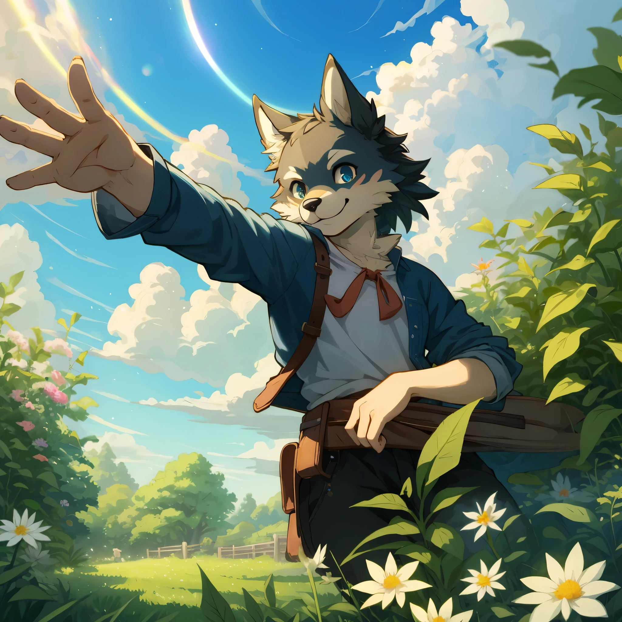 top quality, highres, High-quality illustrations, unparalleled masterpiece(movie of life)nature inspired imagery, rendered in maya, romanticized views, lively illustrations, hyper realistic, whimsical cartoonish, farm, Blue sky, clouds, florals Beautiful garden(furry anthro, solo, girl, casual fashion, Relux pose, Smile)absurdres, perfect anatomy, caustics, cinematic lighting, lens flare, deep shadow, dynamic angle,