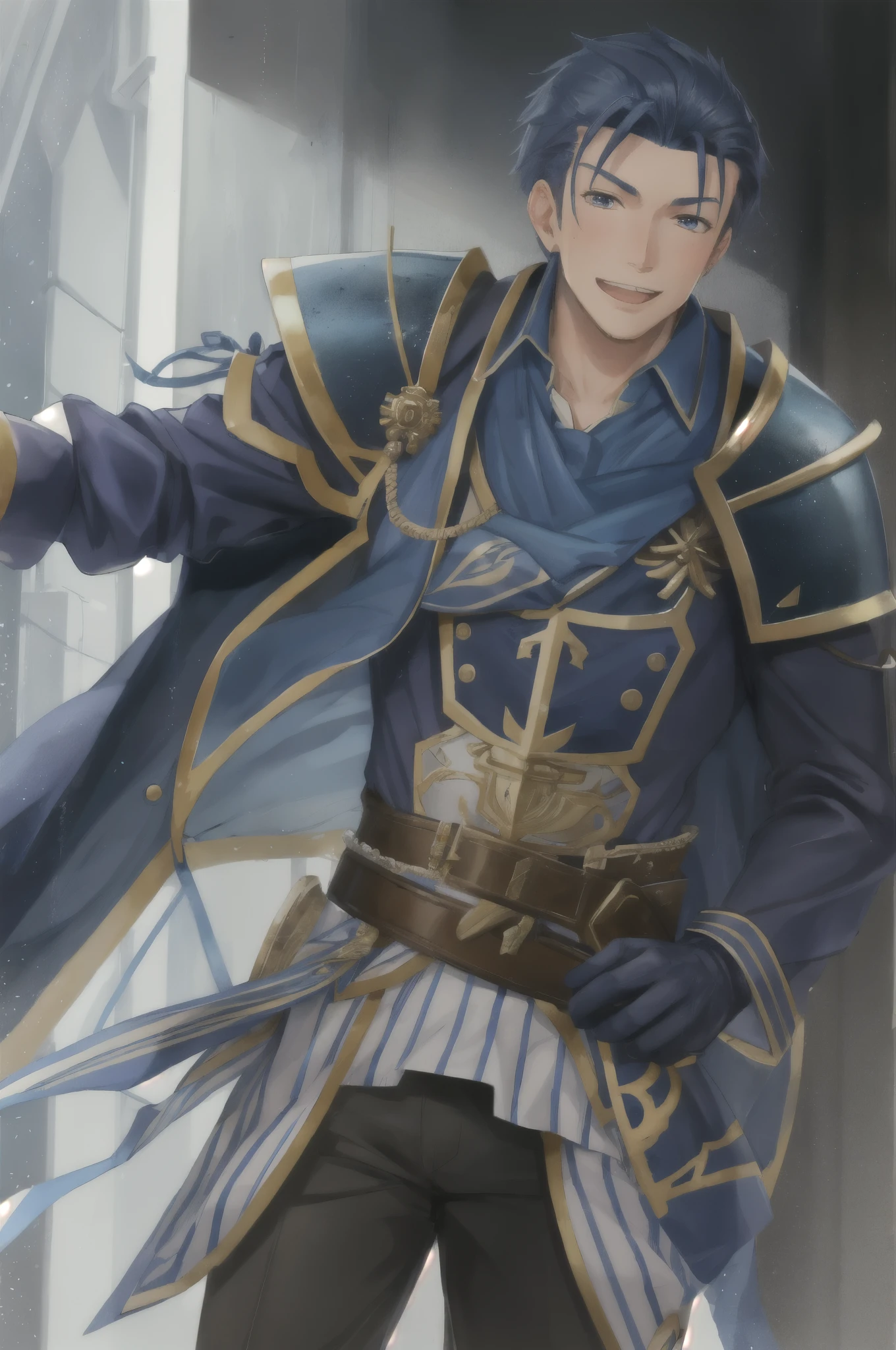 Hector Fay, soloist, looking at the audience, smiling, open mouth, sweat, get wet, wet, Slobber, Gloves, 1 boy, blue hair, male focus, tie, armor, from below,