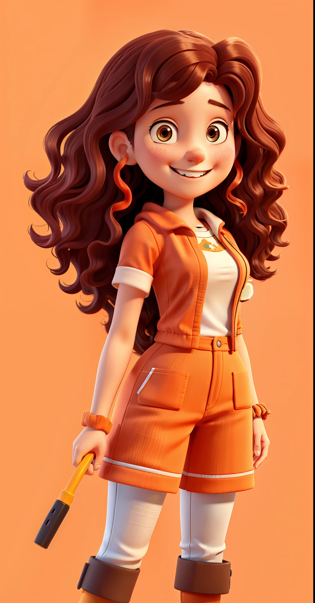 woman with wavy hair, smiling, she is wearing an orange outfit
