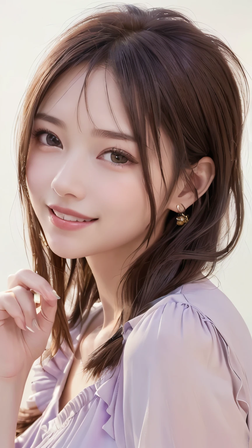 (highest quality、8K、32k、masterpiece)、(realistic)、(Photoreal:1.2)、(High resolution)、Super detailed、very beautiful face and eyes、1 girl、round and small face、thin waist、delicate body、(close、highest quality、high detail、Rich skin details)、(highest quality、8K、oil paint:1.2)、Super detailed、(realistic、realistic:1.37)、bright colors、(((bust shot)))、(((brown hair)))、(((brown hair)))、(((long hair)))、(((It&#39;s a girly hairstyle)))、(((pure white wall background)))、(((pure white wall background)))、(((wearing a light purple dress)))、(((One piece with frills)))、(((She has a happy expression)))、(((laughter)))、(((wearing a light purple dress)))、(((look straight ahead)))、(((holding up index finger)))、