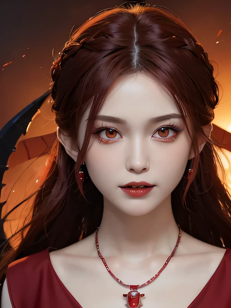 (in the dark:1.6), 1 girl, in the dark, deep shadow, secret key,cowboy shot,(formal wear:1.4) ,long wavy hair,redhead,clavicle、flame background、redhead、red background、red spirit clothes、earrings、necklace、red tattoo、red eyes、she is a spirit、close up of face、red eyes、close up of face、red eyes、look up、red fairy costume、red headband、red eyes、Braid、bright red lipstick、ファイアdevil、red eyes、redhead、red eyes、赤いflame background、bright red eyes、小さなteethが見える、teeth、red eyes、clavicle、red bandana、angerの炎、red cheeks、flame hair、鋭い八重teeth、big fangs、devilの化身、anger、sharp fangs、Dracula's Fangs、devil、
