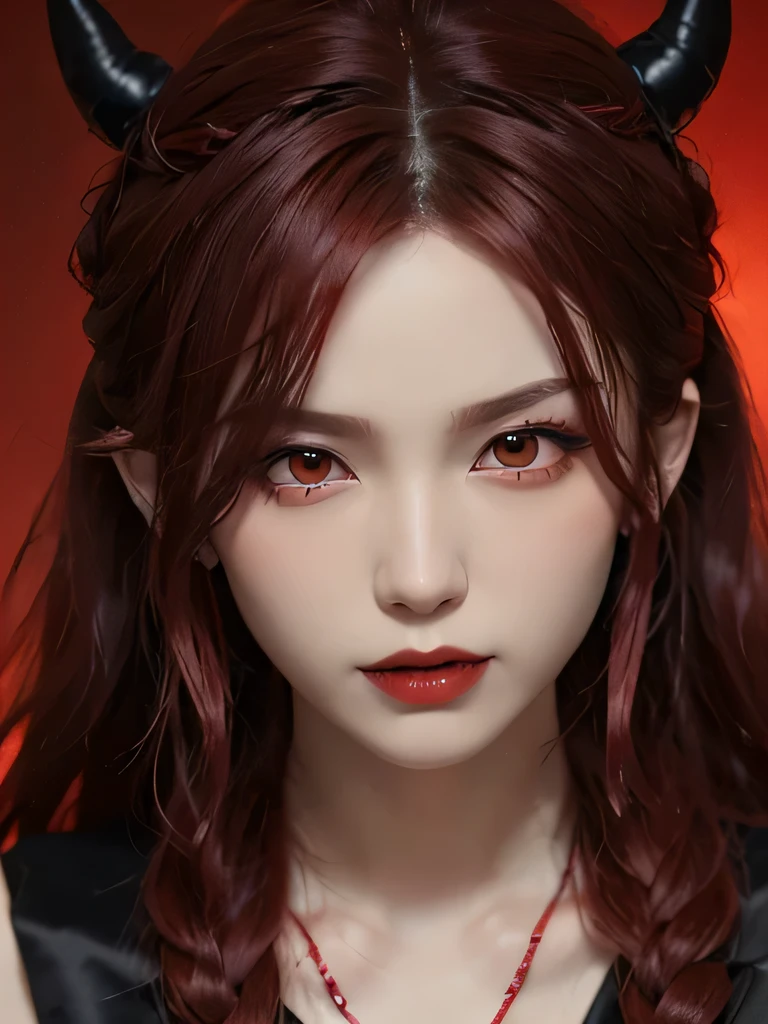 (in the dark:1.6), 1 girl, in the dark, deep shadow, secret key,cowboy shot,(formal wear:1.4) ,long wavy hair,redhead,clavicle、flame background、redhead、red background、red spirit clothes、earrings、necklace、red tattoo、red eyes、she is a spirit、close up of face、red eyes、close up of face、red eyes、look up、red fairy costume、red headband、red eyes、Braid、bright red lipstick、ファイアdevil、red eyes、redhead、red eyes、赤いflame background、bright red eyes、小さなteethが見える、teeth、red eyes、clavicle、red bandana、angerの炎、red cheeks、flame hair、鋭い八重teeth、big fangs、devilの化身、anger、sharp fangs、Dracula's Fangs、devil、