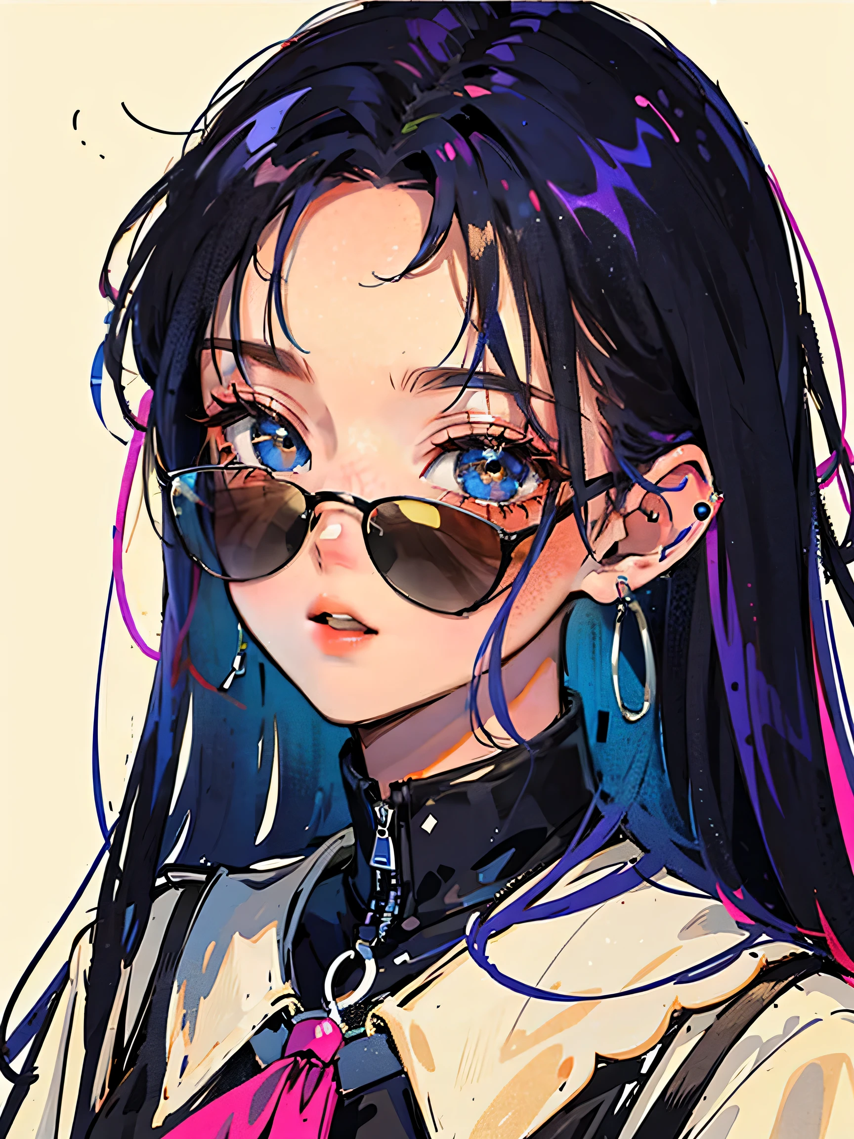 (portrait:1.4), (masterpiece:1.2, highest quality:1.2), From above, Upper body, 1 girl, look up, face focus, highly detailed face, very fine eyes, good looking, compensate, put your finger on your lips, sunglasses, Fashion Wear, earrings, colorful hair