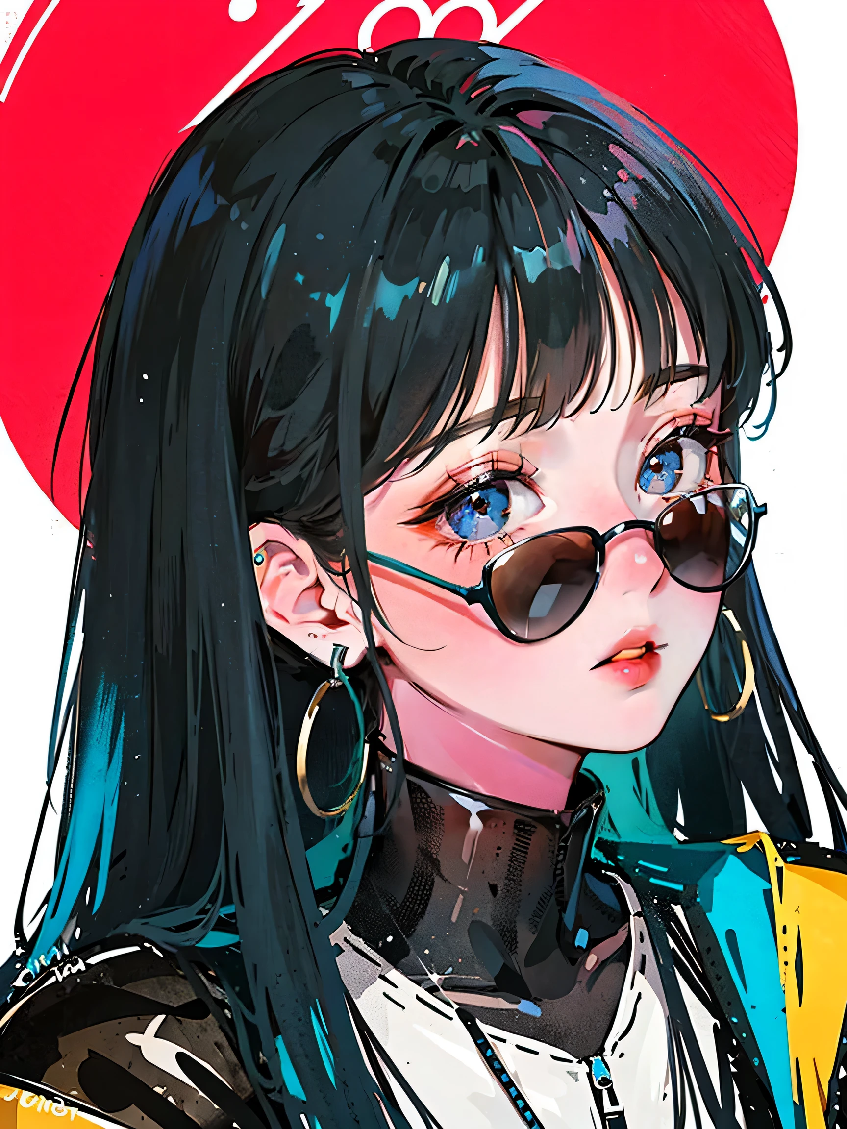 (portrait:1.4), (masterpiece:1.2, highest quality:1.2), From above, Upper body, 1 girl, look up, face focus, highly detailed face, very fine eyes, good looking, compensate, put your finger on your lips, sunglasses, Fashion Wear, earrings, colorful hair