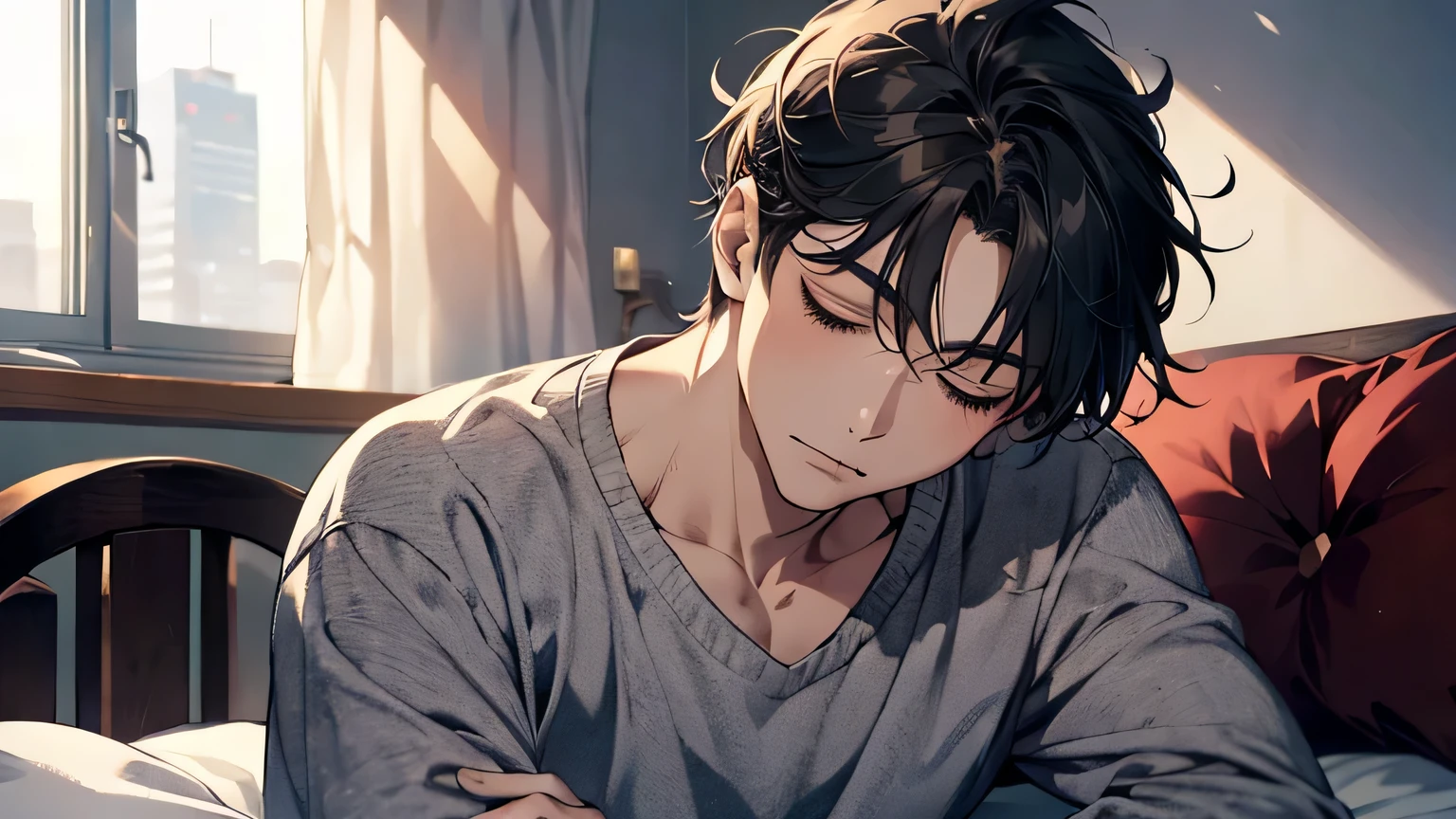 ((masterpiece,best quality)), Man sleeping in bed with eyes closed, alone, adult, amazing, Beautiful and detailed face, half shot, casual