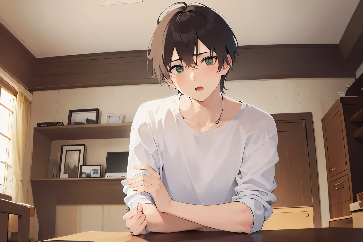 masterpiece、highest quality、(25 year old male:1.5) and (brown short hair) and (green eyes), wearing a white T-shirt、Are standing、serious expression、open mouth, The background is the living room、(Alone:1.5)、Upper body is shown、