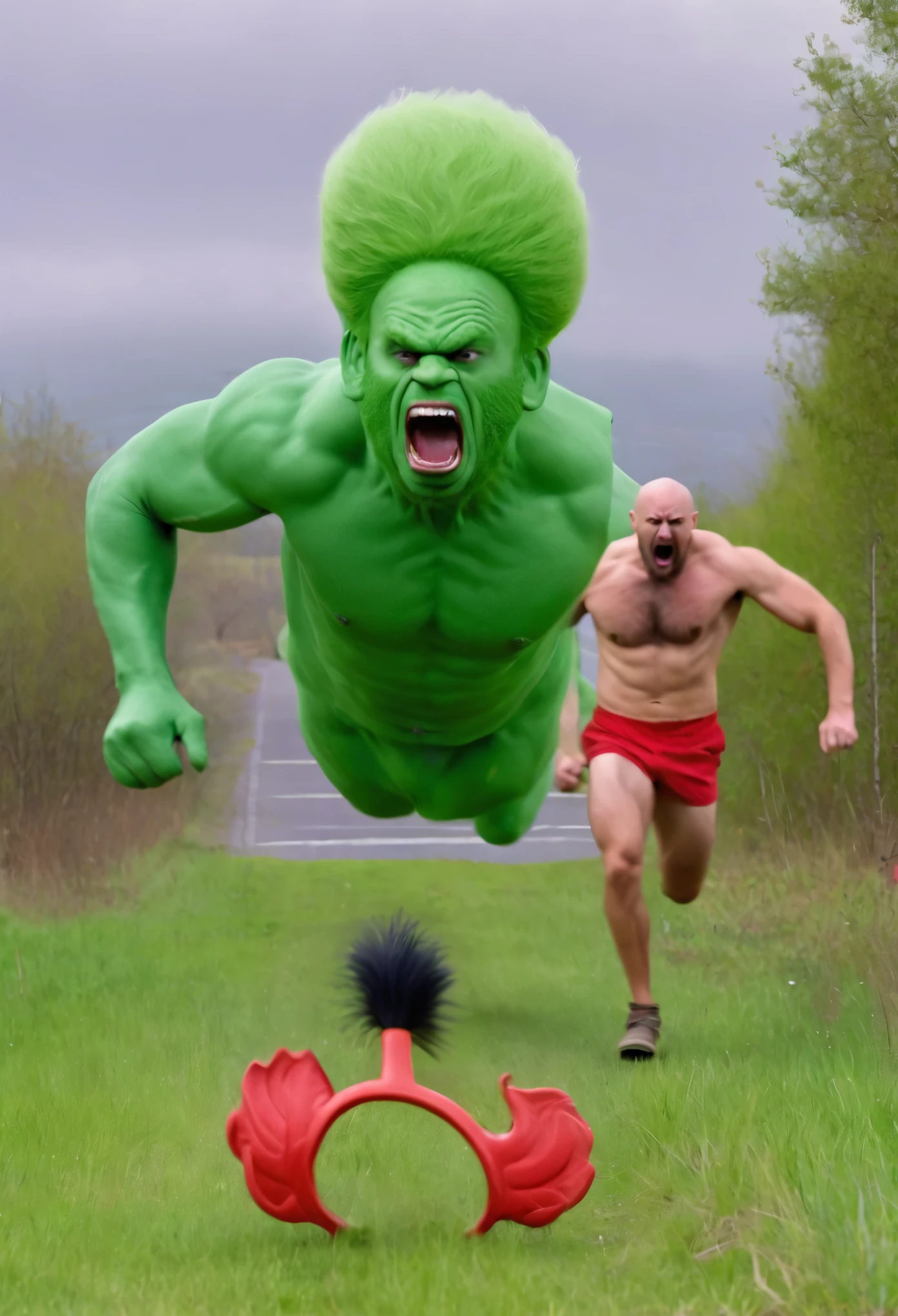 A very muscular muscular man Big naked and very angry while running away from a green bald man with a pan in his hand along with a guy in red overalls running away from a green dog