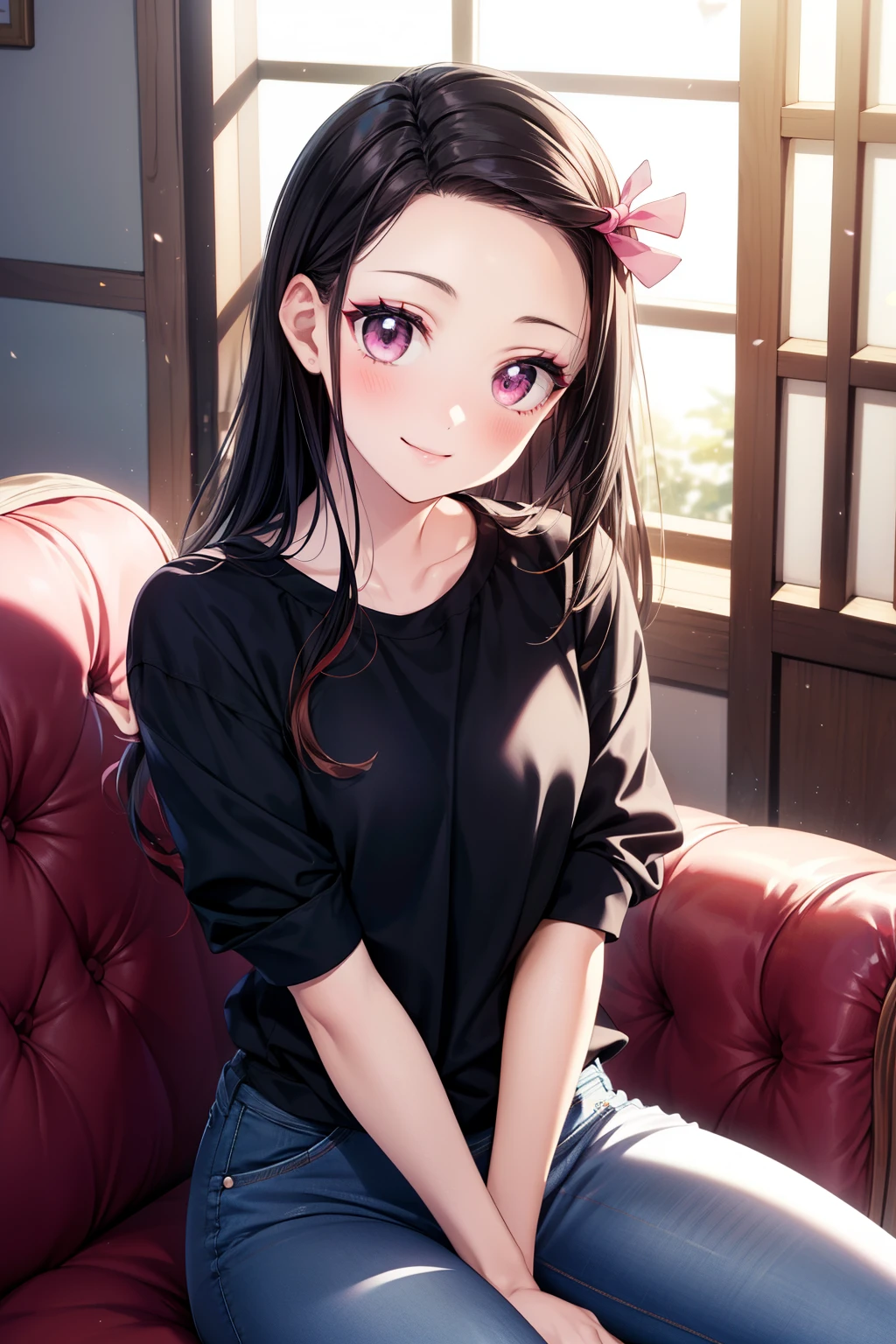 master piece, best quality, 8k, ultra high resolution, highest quality, anime style, best writing, beautiful face, masterpiece,Pink ribbon on hair, fascinating face, good lighting, low cut, small details, masterpiece, shining eyes, pink eyes, 1 girl, black hair, Nezuko Kamado, (trainer:1.3), (jeans:1.3), masterpiece, highest quality, beautiful makeup, fascinating eyes, free pose, upper body, best smile, living, sit on the sofa, (do some sewing:1.3)