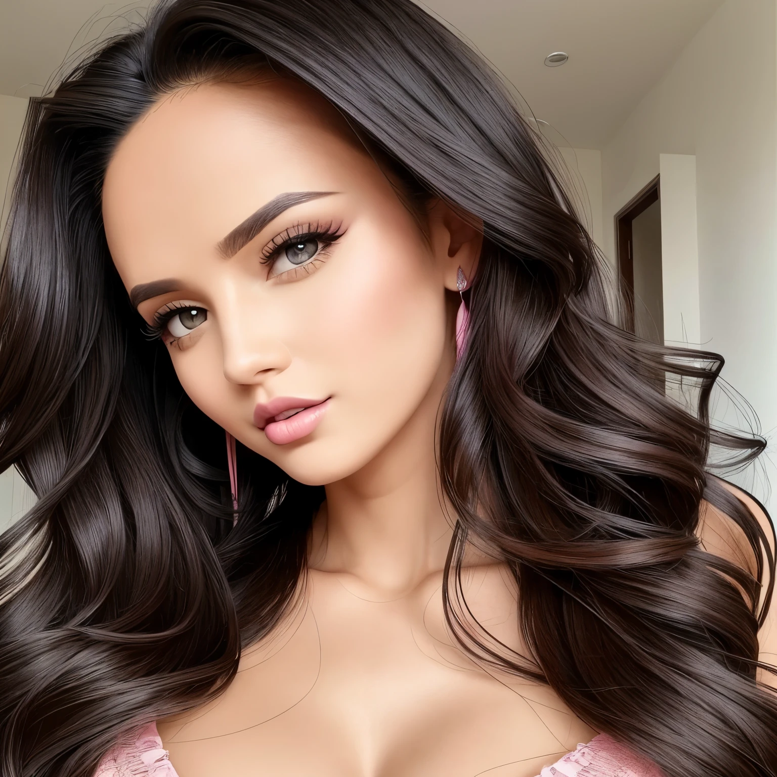 Sexy woman, long wavy black hair, big forehead, seductive eyes, pink lips, long neck, dress