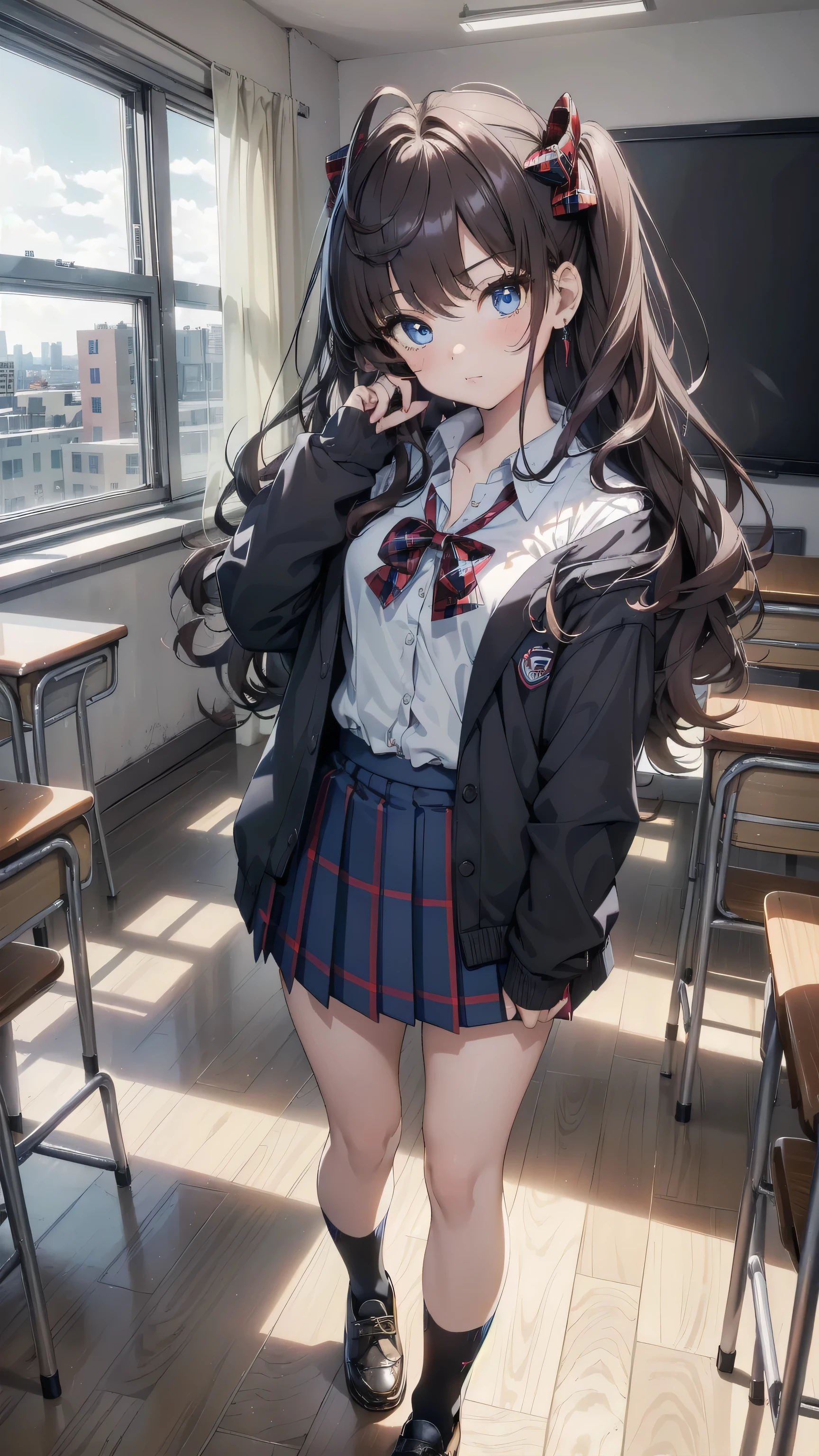 masterpiece, best quality, highres, ichinose shiki, idolmaster, long hair, two side up, hair bow, ahoge, medium breasts, earrings, , school scenery background, classroom (Please draw a single one girl walking in a classroom school:1.3) ((1girl)), (Solo, face,-yeld:2. a high school student. Full limbs, complete fingers, ((perfect fingers)), ((perfect hands)), medium butt, groin, perfect eyes, one american blazer uniform girl ((white blouse with formal collar, navy blue blazer, blue plaid skirt)), ((tartan, check plaid texture skirt)), ((red plaid bow on the blouse)) (Detailed Lighting), (Detailed background), (in the school zone), ((full body view)), ((standing)), ((legs)), uwabaki shoes. beautiful single girl (one girl), full body shot. Background is the school, front body ((walking, standing)), pretty eyelashes, make up, electric eyes, ((black socks)), ((black school shoes))
