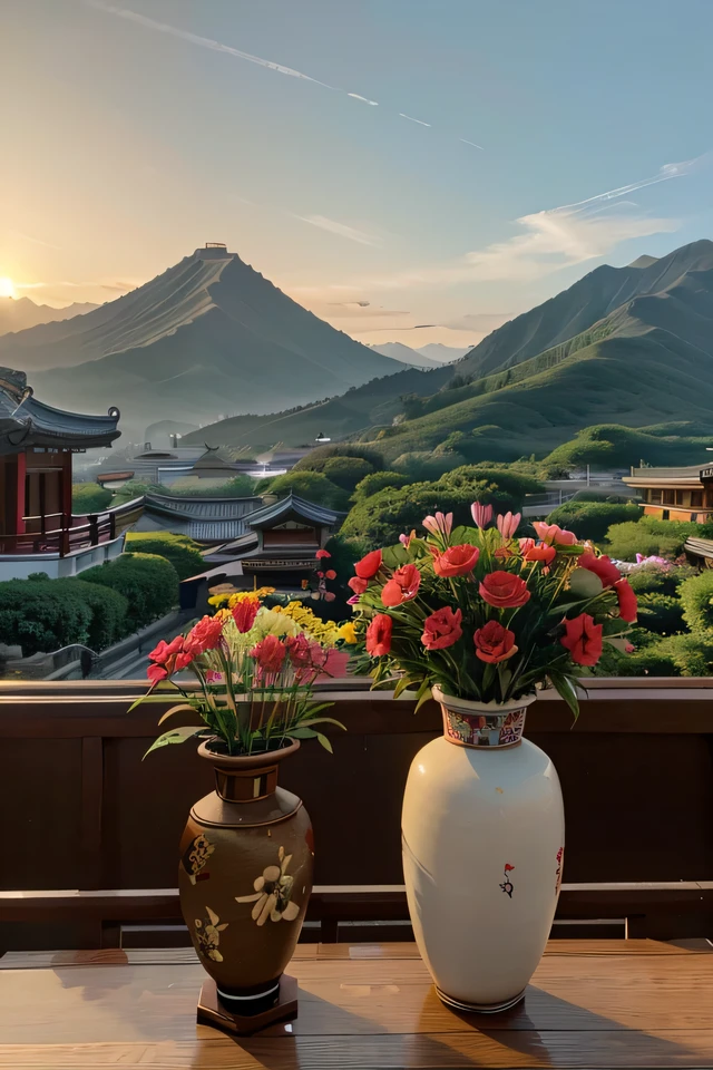 emphasis on chic ikebana, many colors, japanese flowers, chinese flowers, against the backdrop of Chinese mountains, sunrise time