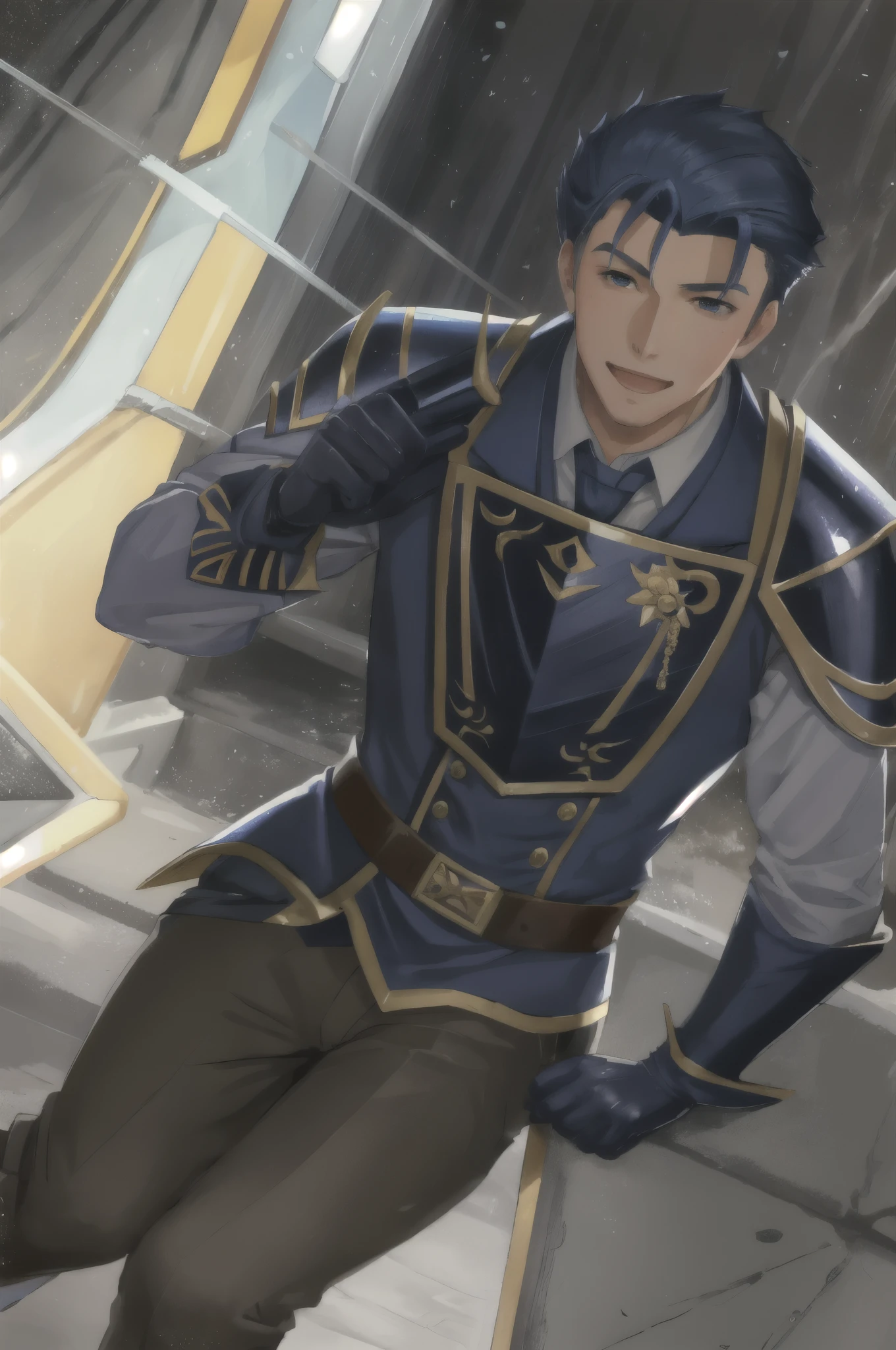 Hector Fay, soloist, looking at the audience, smiling, open mouth, sweat, get wet, wet, Slobber, Gloves, 1 boy, blue hair, male focus, tie, armor, from below,