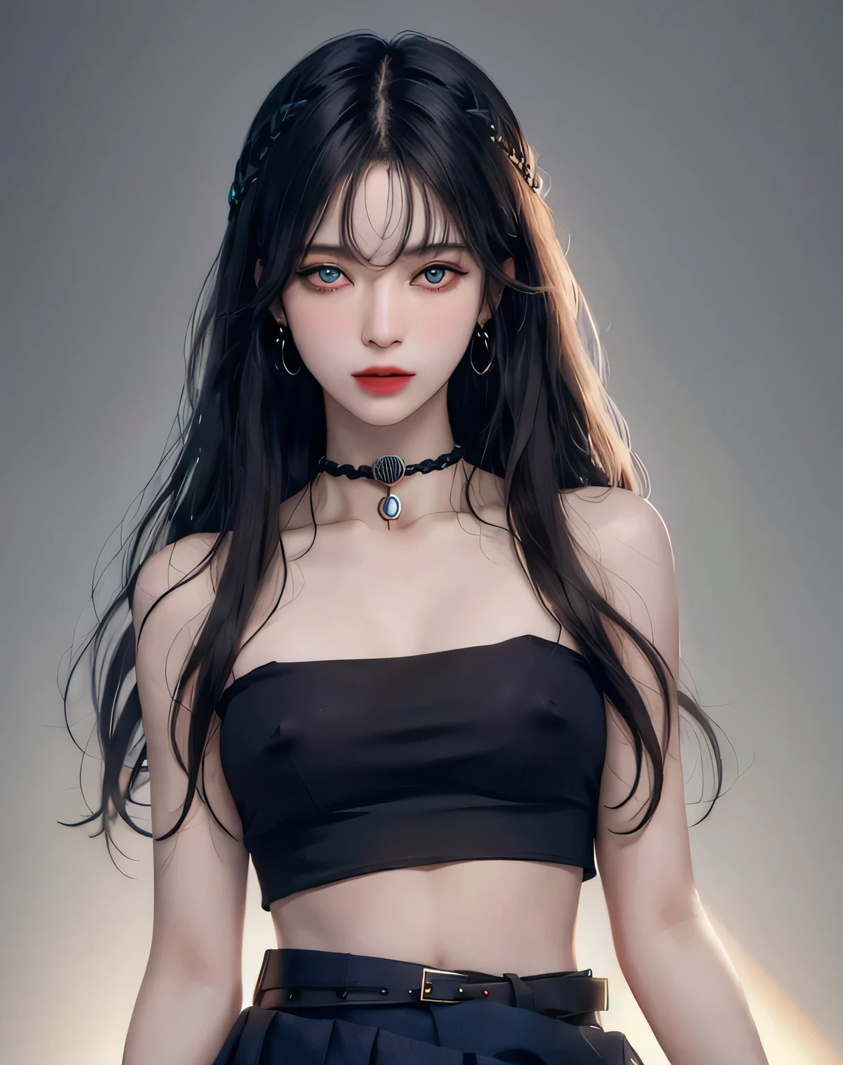 (masterpiece, highest quality, 1 girl, alone, intricate details, chromatic aberration), (realistic),(skin), ((I breathe)),(black hair,dull bangs),thin hair, red headdress, blue highlights, hair above one eye,black eye, small earrings, clear eyes, choker,((black crop top )),(black skirt),(belt),open waist,(symmetrical eyes),(perfect symmetrical body), night,(((Natural light))),Backlight,against the gray wall, dim lighting ,look at the audience,((center shot, from before,(face and waist)))，erect nipples，I can see your nipples