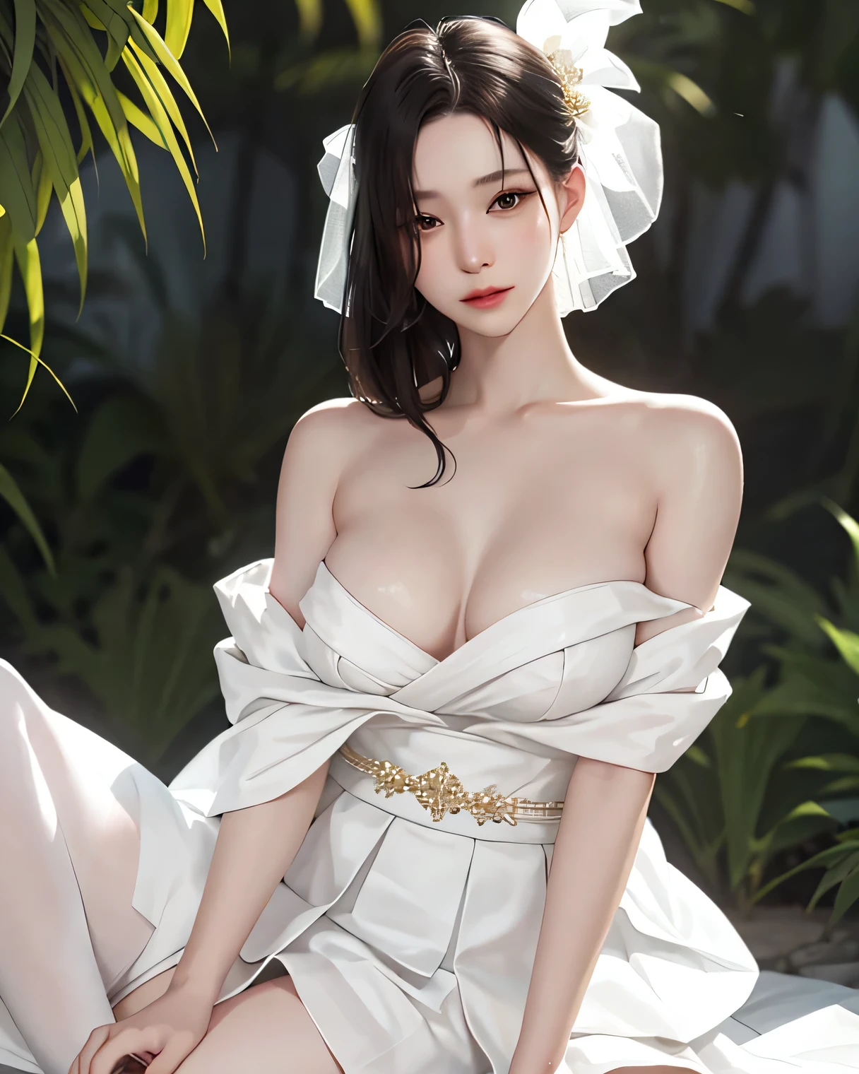 (Sweat:0.7),pale yellow wedding dress,white short skirt,woman,Japanese,exquisite face, beautiful face,bare shoulders,shoulders are slightly exposed,transparent skin,black eye,black hair,(realistic:1.4),realistic details, High resolution,Bokeh,excellent details,I can see your nipples,Female dog