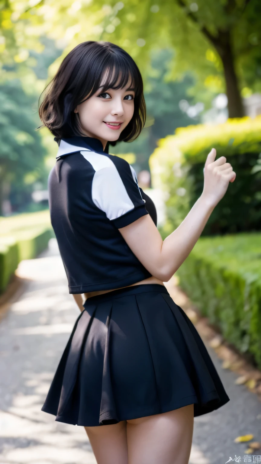(32k, Raw photo, highest quality, masterpiece:1.2), (realistic, photo-realistic:1.4), (Highly detailed 8K wallpaper),sharp focus, Depth of the bounds written,blur background, Bokeh,professional lighting, cinematic lighting,long shot,thin,japanese girl,20 year old girl,dynamic pose,road,bob cut,wet hair,black hair,polo shirt,Skirt happy like a goddess
