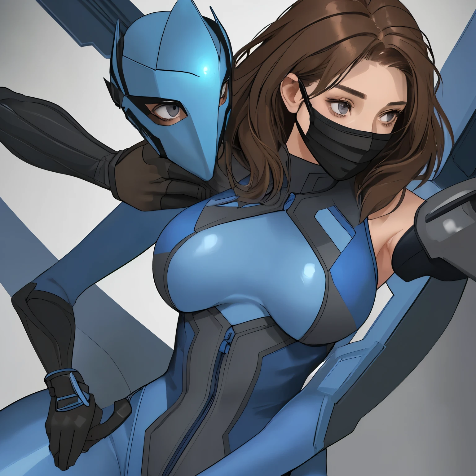 Woman with shoulder length brown hair, grey eyes wearing a blue high necked bodysuit and a blue Mask.