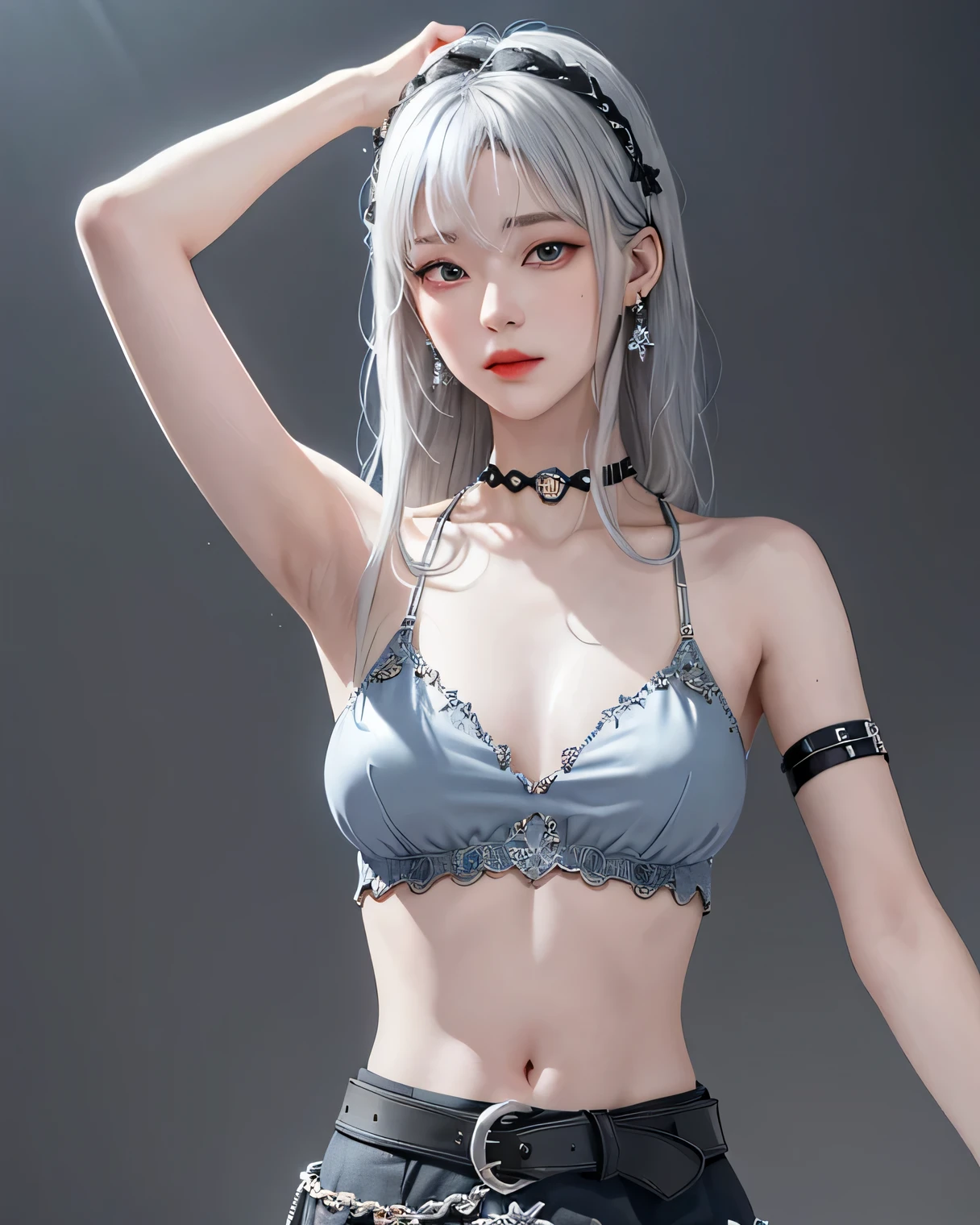 (masterpiece, highest quality, 1 girl, alone, intricate details, chromatic aberration), (realistic),(skin), ((I breathe)),(silver hair,dull bangs),thin hair, red headdress, blue highlights, hair above one eye,black eye, small earrings, clear eyes, choker,((black crop top )),(black skirt),(belt),open waist,(symmetrical eyes),(perfect symmetrical body), night,(((Natural light))),Backlight,against the gray wall, dim lighting ,look at the audience,((center shot, from before,(face and waist))),Medium chest,I'm showing my nipples,erect nipples,