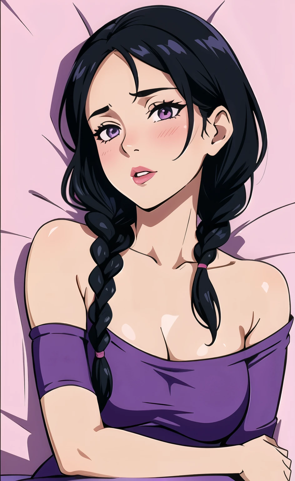 Sexy and cute girl, black hair tied in a braid, seductive gaze, blushing intensely, pink lips parted, long neck, oversized purple t shirt, bare shoulders, medium chest, cleavage, lying on bed