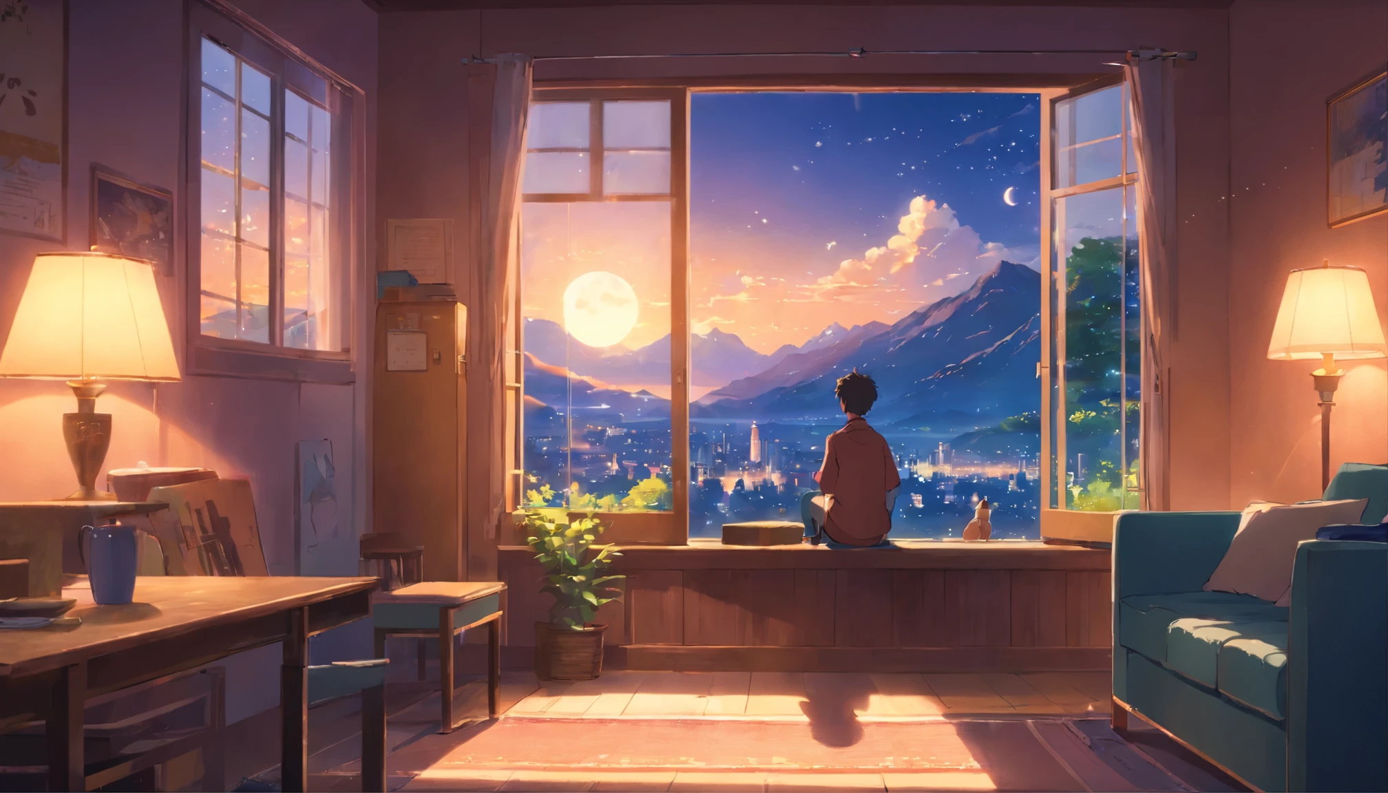 Inside a cozy room, So colorful, big window, young man looking out the window, Sitting on the windowsill, You can see the night view of the city center and the moon from the window., a little dark room, soft moonlight, Friendly and relaxing atmosphere, taking a break, mug with steam coming out,comfortable space, Refreshing handsome man、There is a faint smile on the lips, Get inspired by the notes that fill the air.The sound of music flows in smooth harmony., Create an immersive atmosphere, 1990s vibe, soft light,