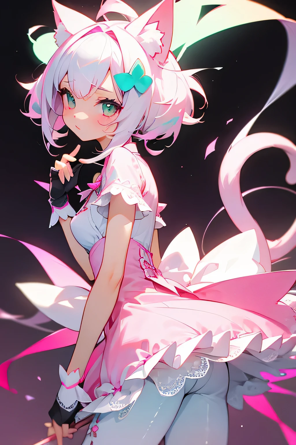 White-haired cat girl with pink and light green tips in the hair and a fluffy tail with a pink tip。Neon feeling、She is wearing a white lace dress with cherries、There are two slits on the side、She wears fingerless gloves and pink wool leggings
