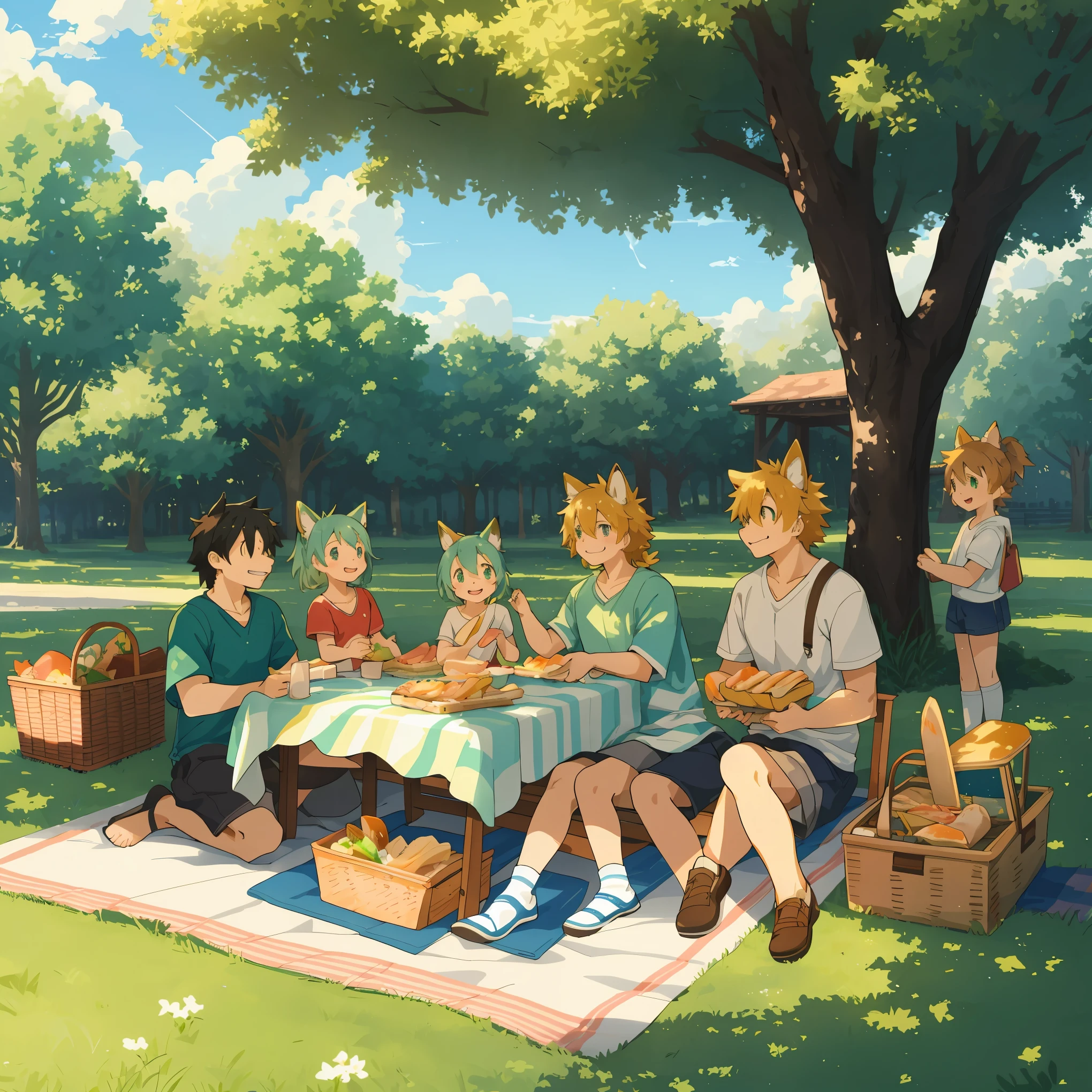 cover page, anime key visual, highres, top quality, best quality, paid reward available, High-quality illustrations, unparalleled masterpiece, perfect artwork, absurdres(heartwarming family picnic scene)(in a lush green park)(kemono family with two parents of diverse descents and a child)perfect anatomy, sitting on a colorful blanket, parents smiling and taking out food from a picnic basket,  reaching for a sandwich, cheerful and relaxed atmosphere, bright sunny day, trees in the background, fan-created work shared on platforms Pixiv or Twitter, cinematic lighting, dynamic angle,