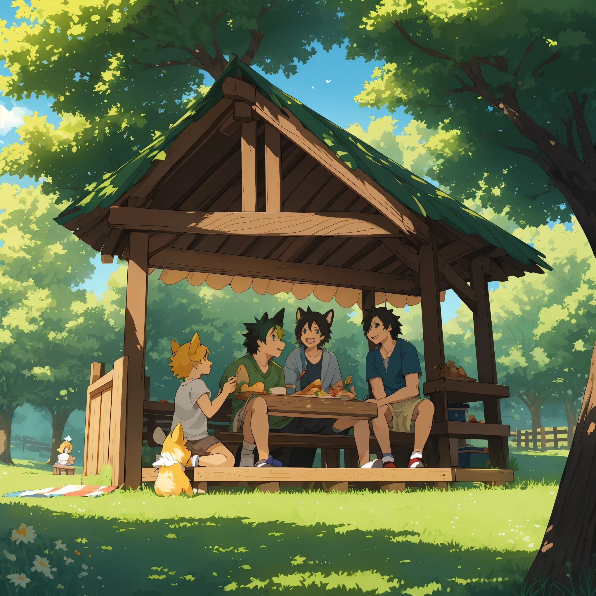 cover page, anime key visual, highres, top quality, best quality, paid reward available, High-quality illustrations, unparalleled masterpiece, perfect artwork, absurdres(heartwarming family picnic scene)(in a lush green park)(kemono family with two parents of diverse descents and a child)perfect anatomy, sitting on a colorful blanket, parents smiling and taking out food from a picnic basket,  reaching for a sandwich, cheerful and relaxed atmosphere, bright sunny day, trees in the background, fan-created work shared on platforms Pixiv or Twitter, cinematic lighting, dynamic angle,