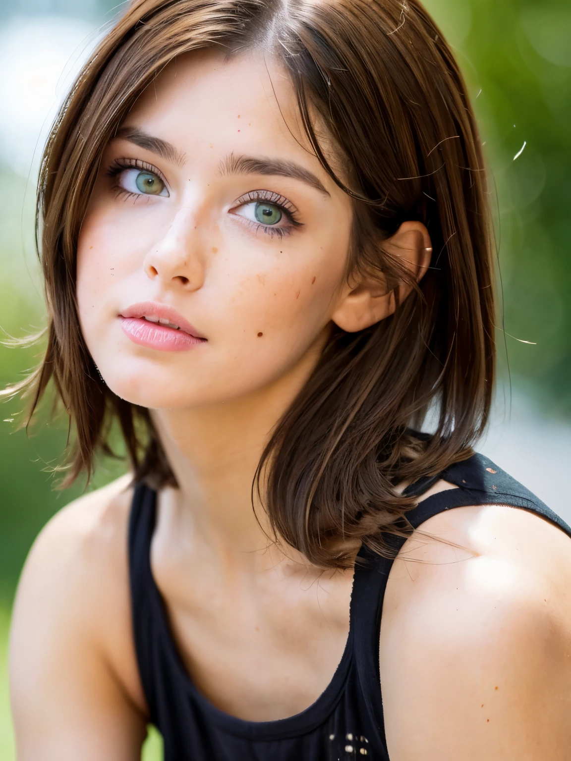Girl with green eyes and brown hair has medium breasts, pecas y lleva una sudadera con capucha negra.