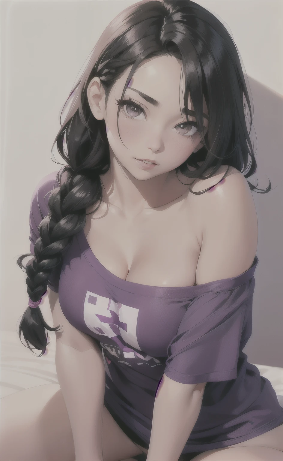 Sexy and cute girl, black hair tied in a braid, seductive gaze, blushing intensely, pink lips parted, long neck, oversized purple t shirt, bare shoulders, medium chest, cleavage, lying on bed