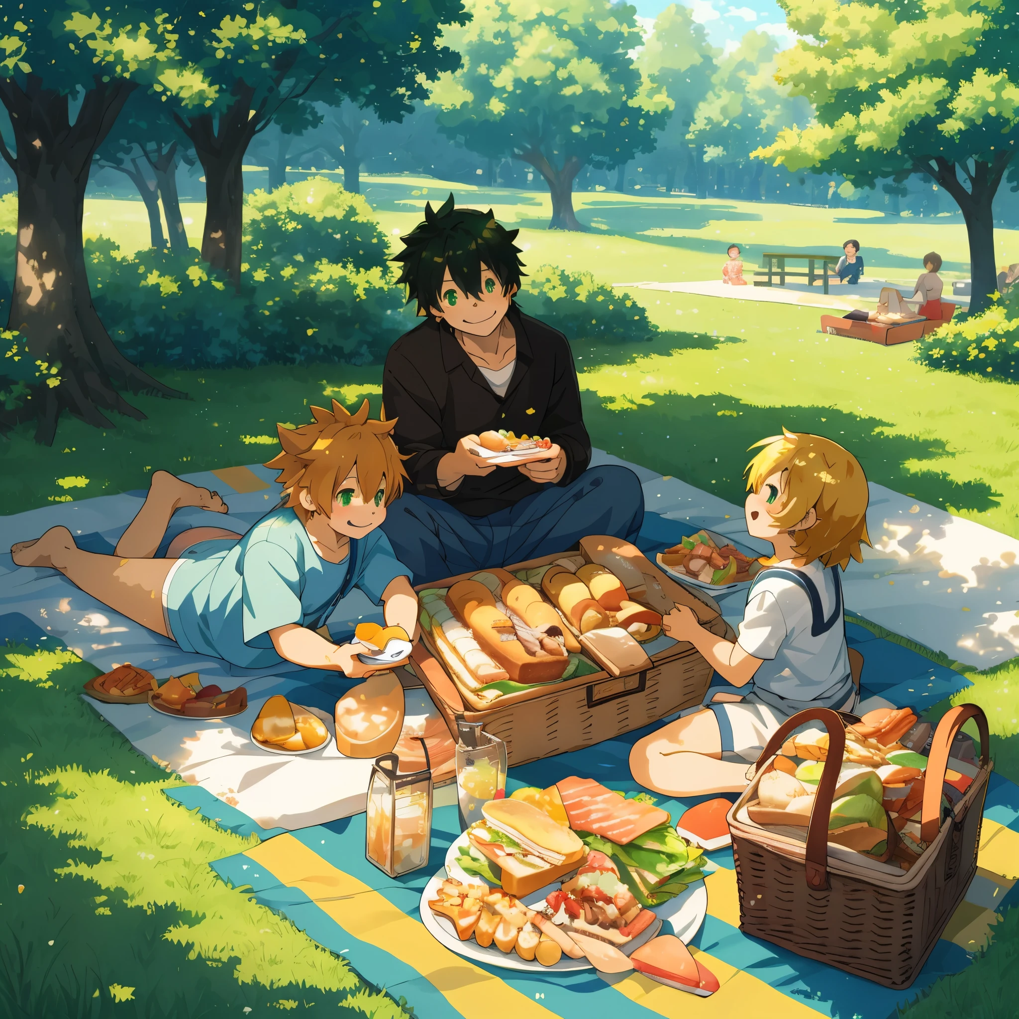 cover page, anime key visual, highres, top quality, best quality, paid reward available, High-quality illustrations, unparalleled masterpiece, perfect artwork, absurdres(heartwarming family picnic scene)(in a lush green park)(kemono family with two parents of diverse descents and a child)perfect anatomy, sitting on a colorful blanket, parents smiling and taking out food from a picnic basket, reaching for a sandwich, cheerful and relaxed atmosphere, bright sunny day, trees in the background, fan-created work shared on platforms Pixiv or Twitter, cinematic lighting, dynamic angle,