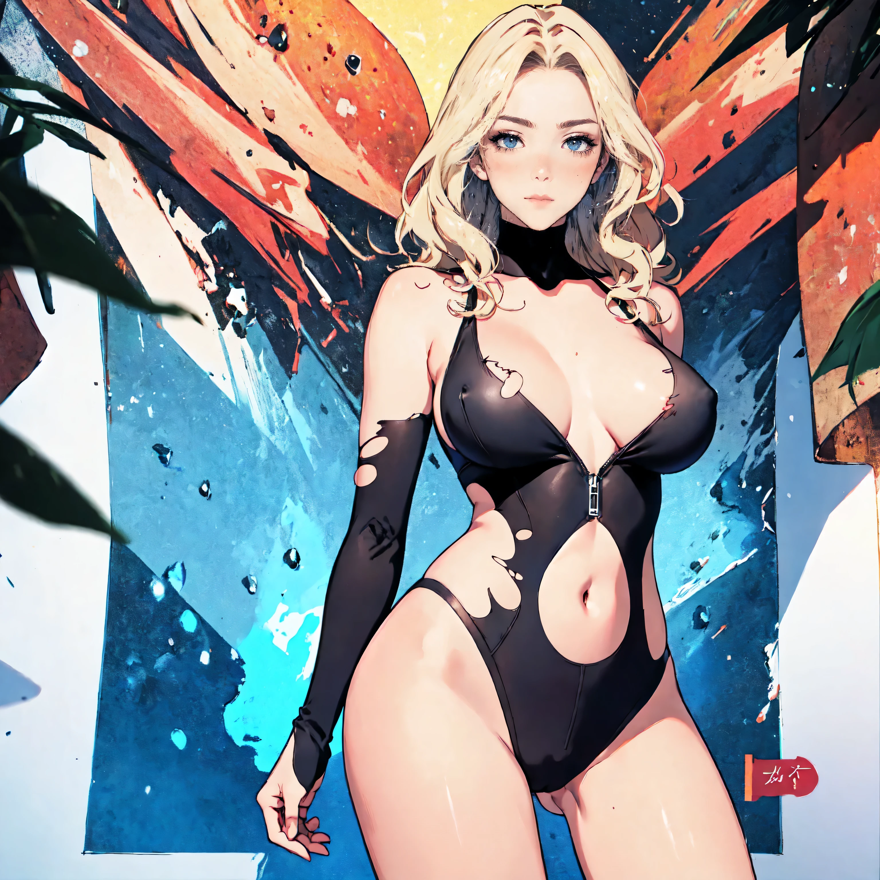 masterpiece, highest quality, 1 girl, looking at the viewer, blue eyes, closed mouth, (Urgent 1:0.7) ,blonde、(masterpiece),(highest quality:1.0), (ultra high resolution:1.0), Detail view, 8K, anime, masterpiece、provocative look　wavy hair　very big breasts　Fair skin　very fine eyes　show off your chest、,揺れる胸 太もも上部 apstyle3 apstylemasterpiecehighest qualityの詳細な目,Half-body photo of a cute and attractive woman in a stylish cafe with many windows ::3 trends, Modern shape - tight-fitting clothes that highlight her perfect body 、ISO100 ::3 glamor shot, Awards - winning photos, sharp focus, dynamic lighting ::1,A torn body suit grazes my chest, crush and transform