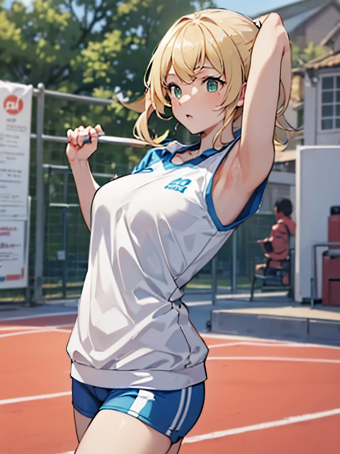 anime style, Ellen Baker, beautiful, green eyes, blonde hair, sportswear, Flexion and extension exercises, soft exercise, Jersey, Show your armpits, playground (masterpiece:1.2), (lively:1.2), very detailed, perfect art, physical education class, Refreshing sweat, 