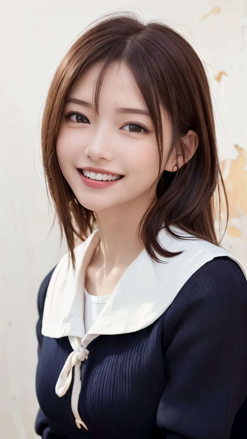 (highest quality、8K、32k、masterpiece)、(realistic)、(Photoreal:1.2)、(High resolution)、Super detailed、very beautiful face and eyes、1 girl、round and small face、thin waist、delicate body、(close、highest quality、high detail、Rich skin details)、(highest quality、8K、oil paint:1.2)、Super detailed、(realistic、realistic:1.37)、bright colors、(((bust shot)))、(((brown hair)))、(((brown hair)))、(((medium hair)))、(((pure white wall background)))、(((pure white wall background)))、(((wearing a sailor suit)))、(((She has a happy expression)))、(((laughter)))、(((Wearing a sailor suit with long sleeves)))、(((look straight ahead)))、(((Teeth are visible)))