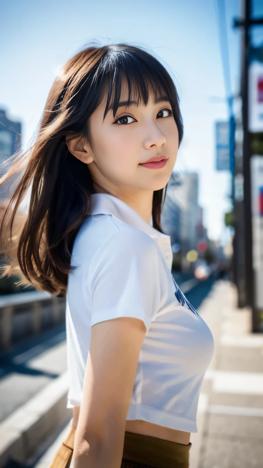 (32k, Raw photo, highest quality, masterpiece:1.2), (realistic, photo-realistic:1.4), (Highly detailed 8K wallpaper),sharp focus, Depth of the bounds written,blur background, Bokeh,professional lighting, cinematic lighting,long shot,thin,japanese girl,20 year old girl,dynamic pose,road,bob cut,wet hair,black hair,polo shirt,Skirt happy like a goddess