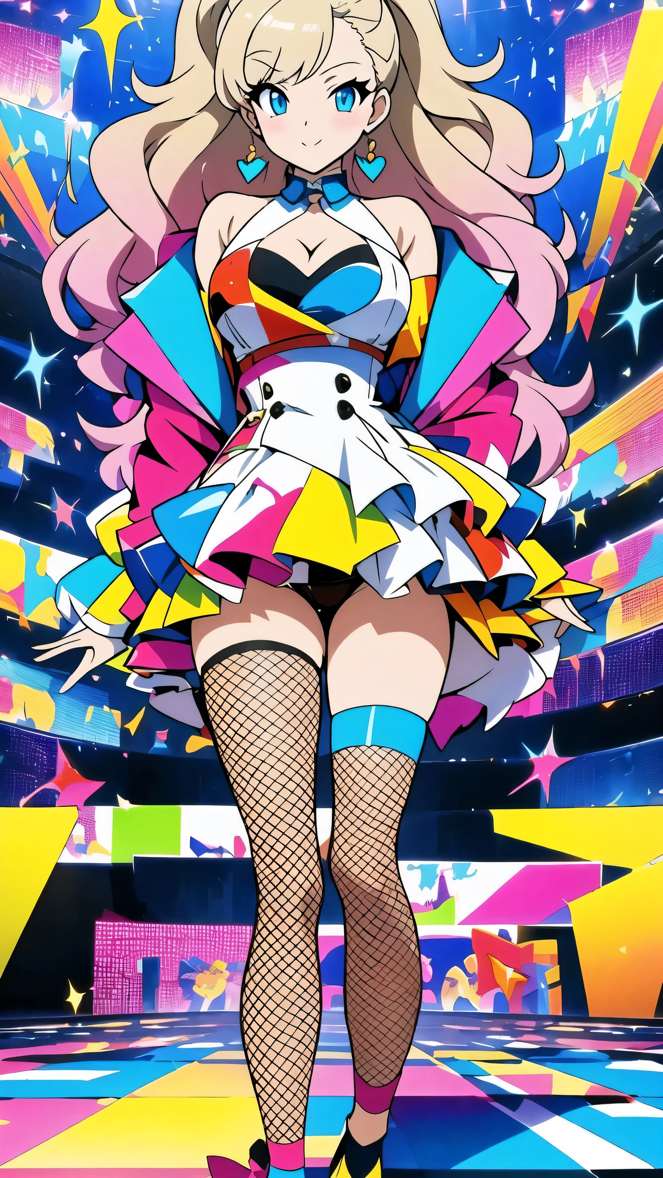 anime art style：1 Sexy Fashionable Female Celebrities, (Colorful fashion high heels),Standing in the center of the catwalk and performing, sparkling(pop art style)clothing,concept art,fishnet stockings.